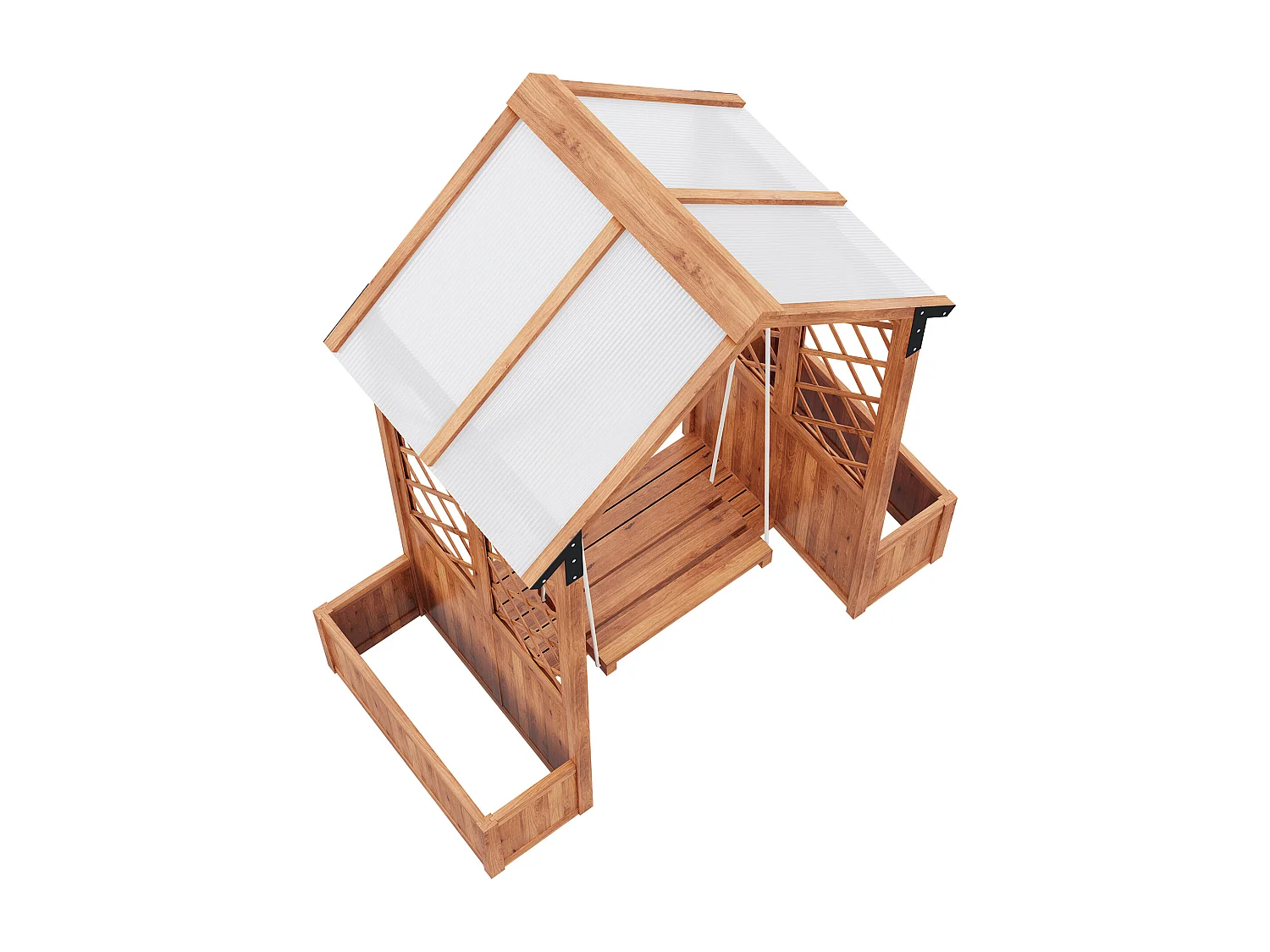 Bloempot, buitenschommel, plantenbak met trellis, met polycarbonaat schuifdak. Bloembak plantenbak, bruin massief hout