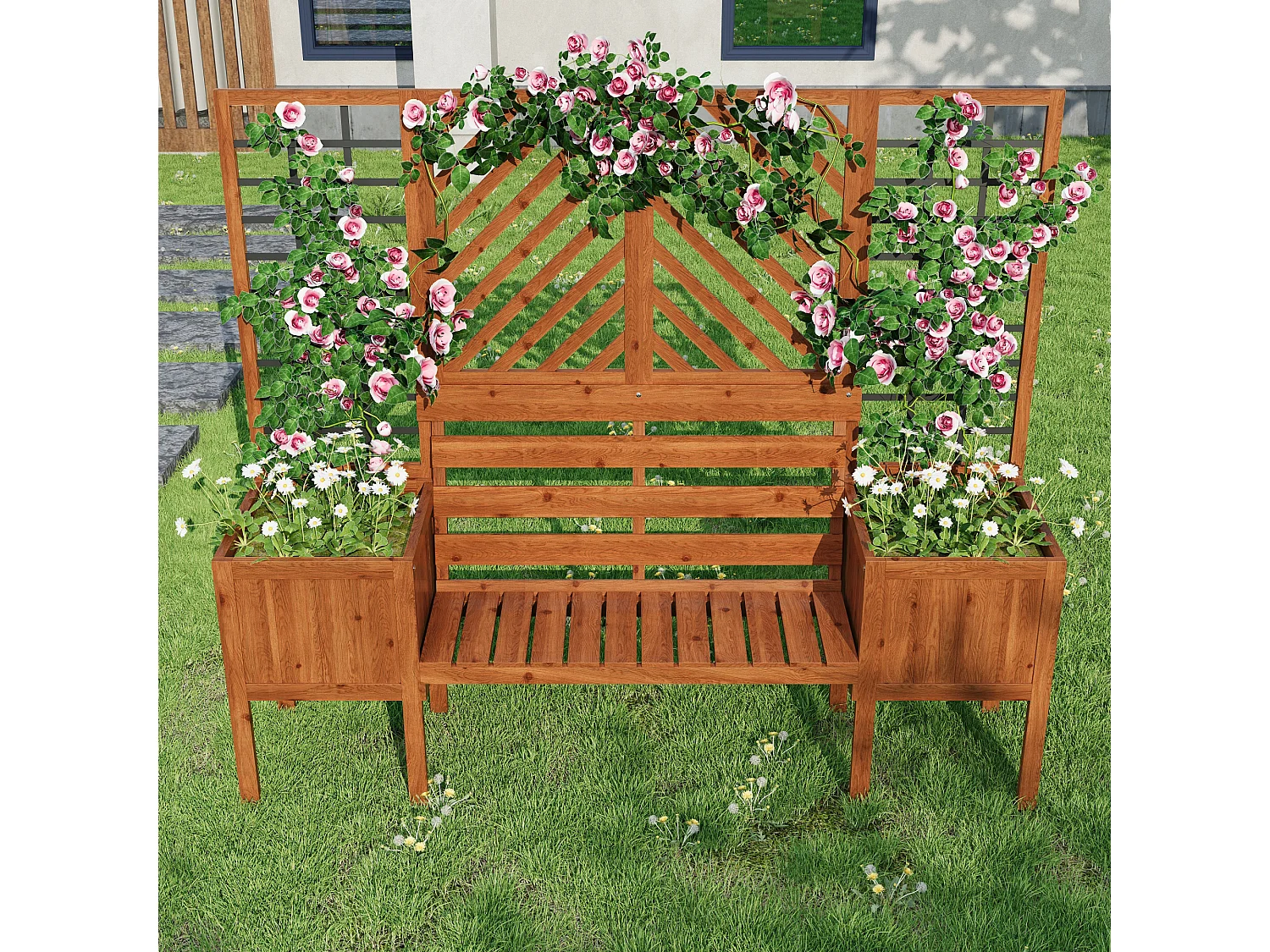 Pot de fleurs, jardinière avec treillis comme aide à l'escalade, pot de fleurs, jardinière, jardinière avec treillis et siège, marron