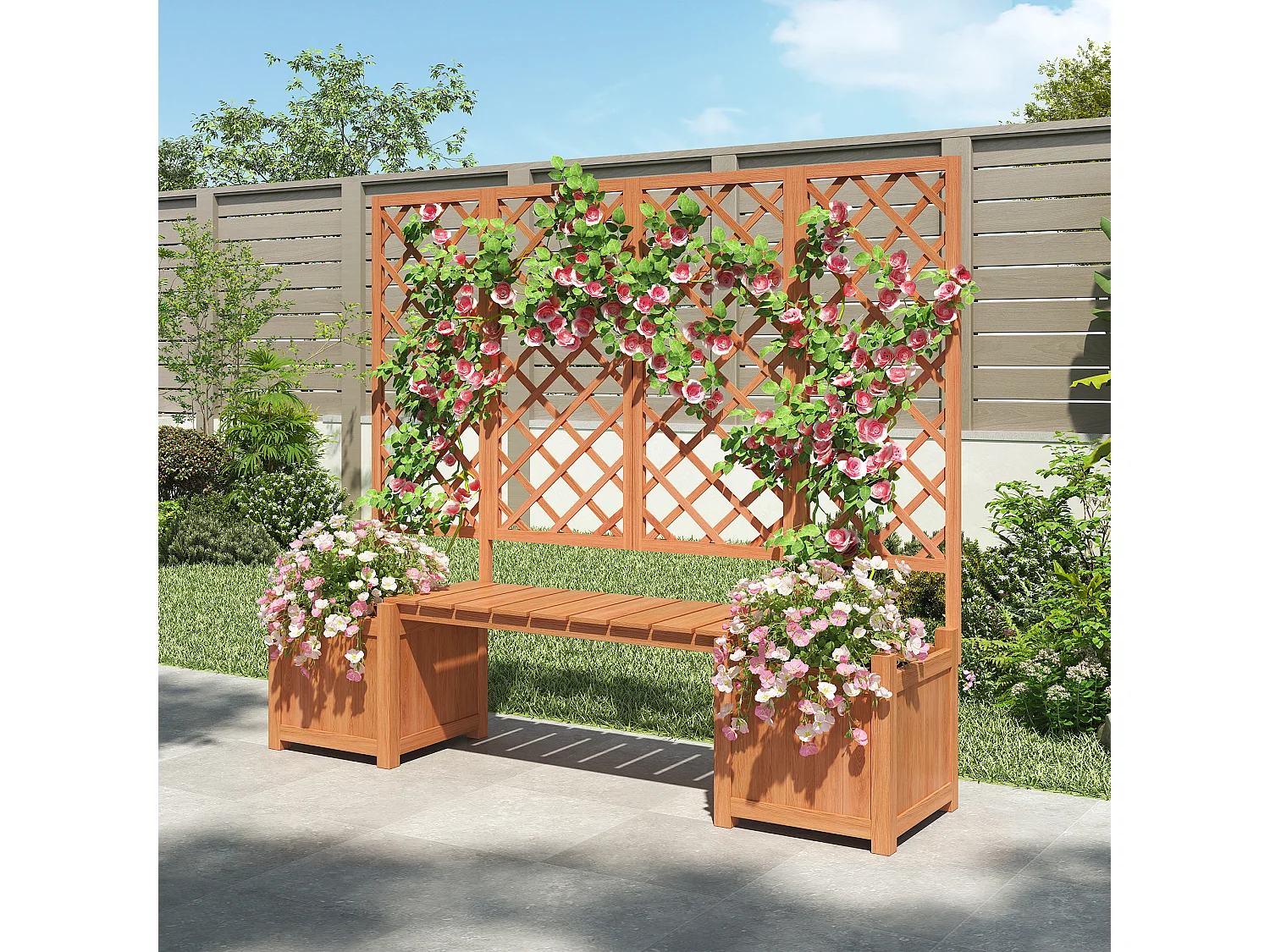 Pot de fleurs, jardinière avec treillis comme aide à l'escalade, pot de fleurs, jardinière, jardinière avec treillis et siège, marron