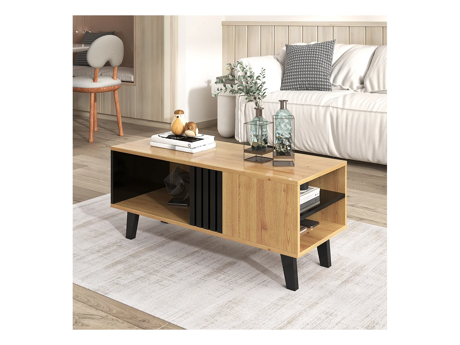 Salontafel 100 x 60 x 45 cm in gekleurd hout en zwart design, salontafel met lade bijzettafel