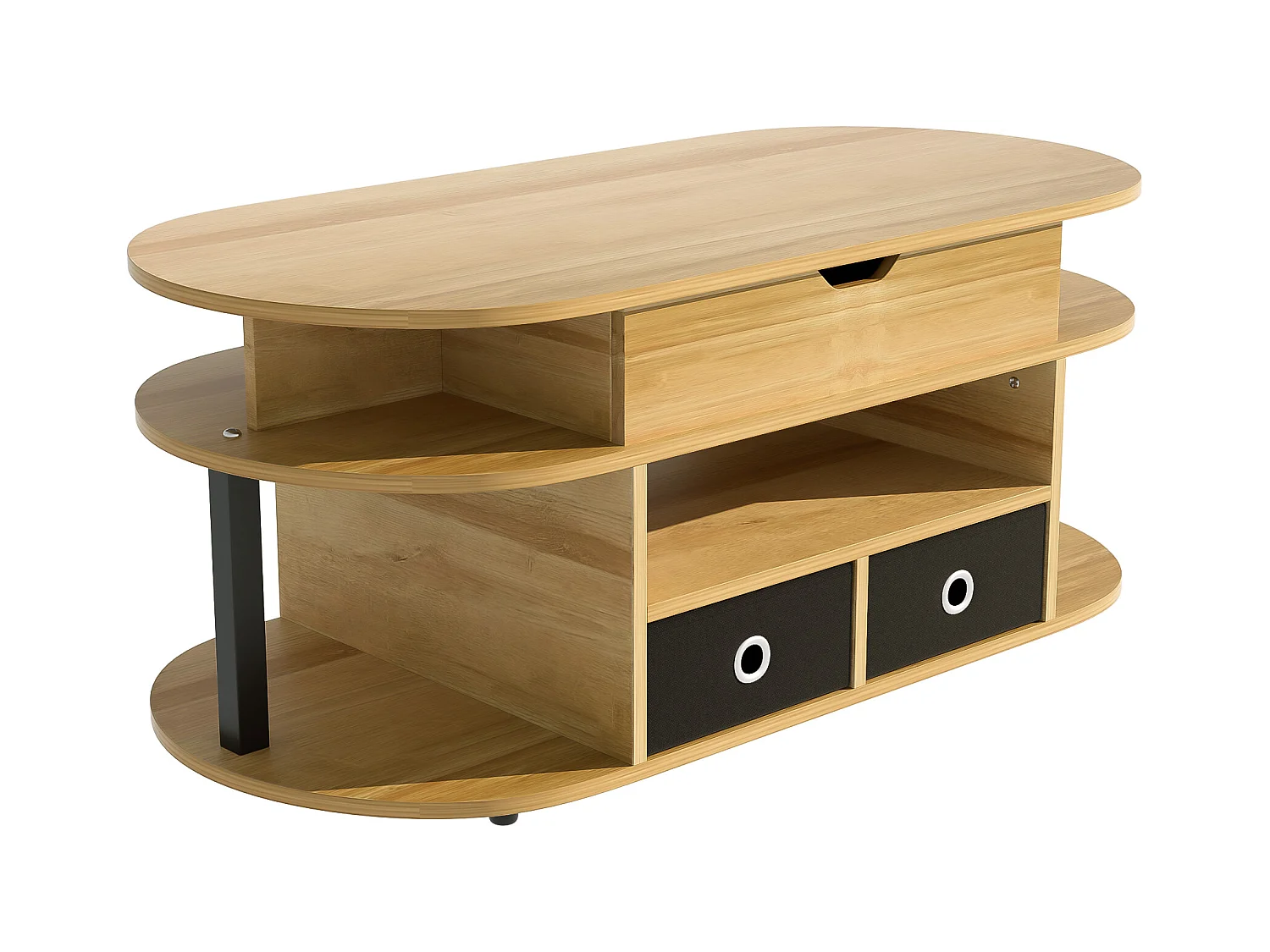 Table basse moderne en bois veiné, avec fonction relevable, espace de rangement et tiroirs en tissu noir