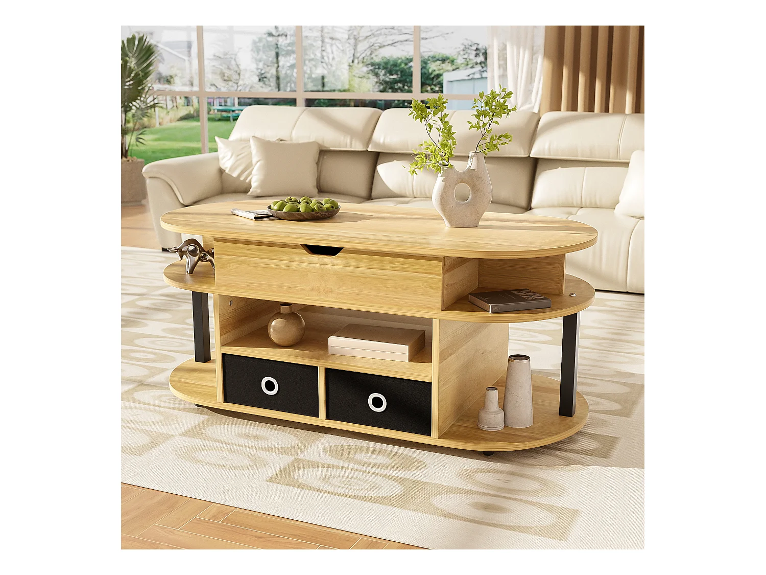 Table basse moderne en bois veiné, avec fonction relevable, espace de rangement et tiroirs en tissu noir