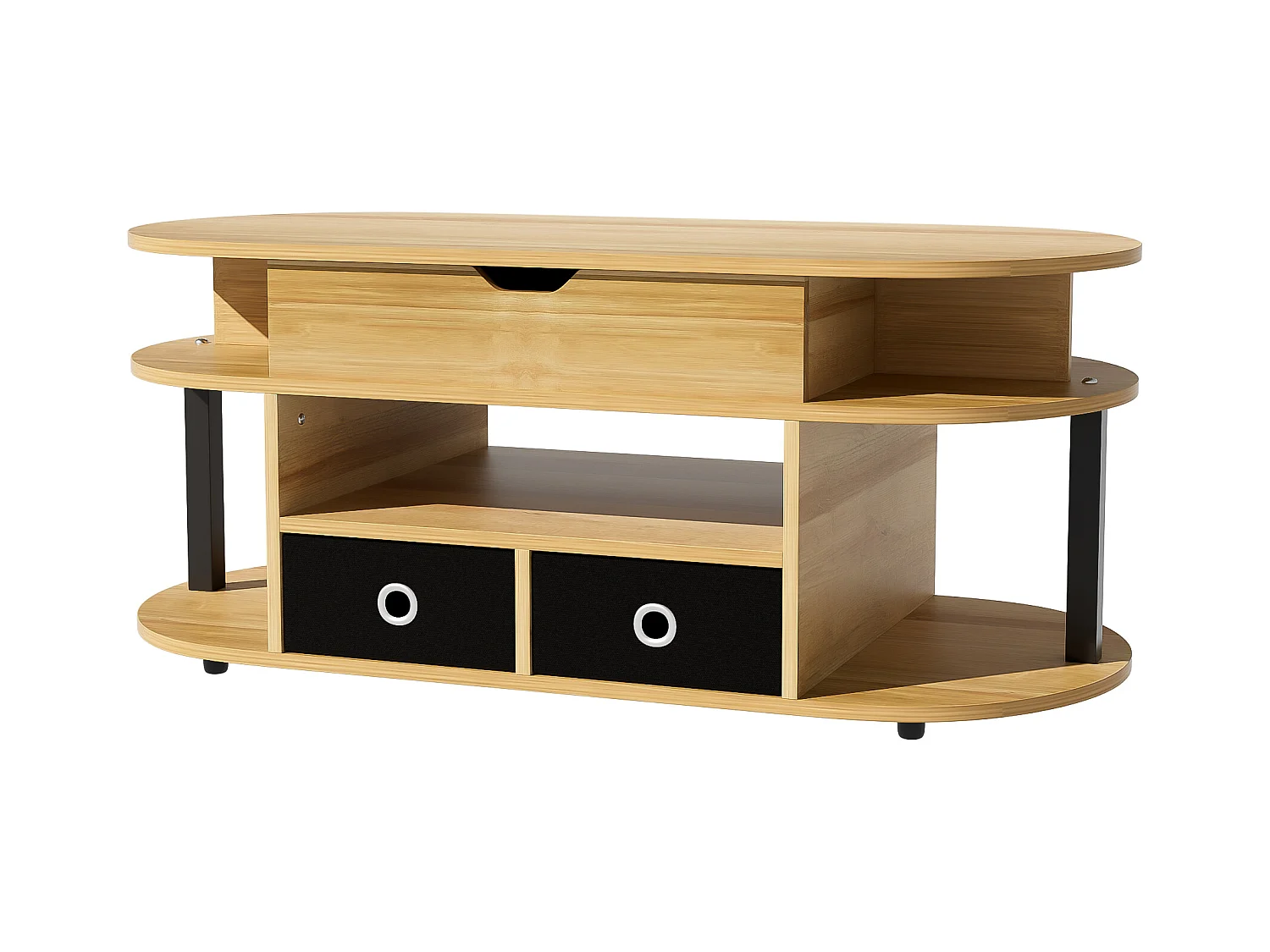 Table basse moderne en bois veiné, avec fonction relevable, espace de rangement et tiroirs en tissu noir