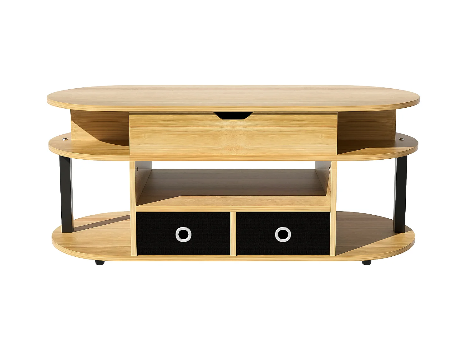 Table basse moderne en bois veiné, avec fonction relevable, espace de rangement et tiroirs en tissu noir