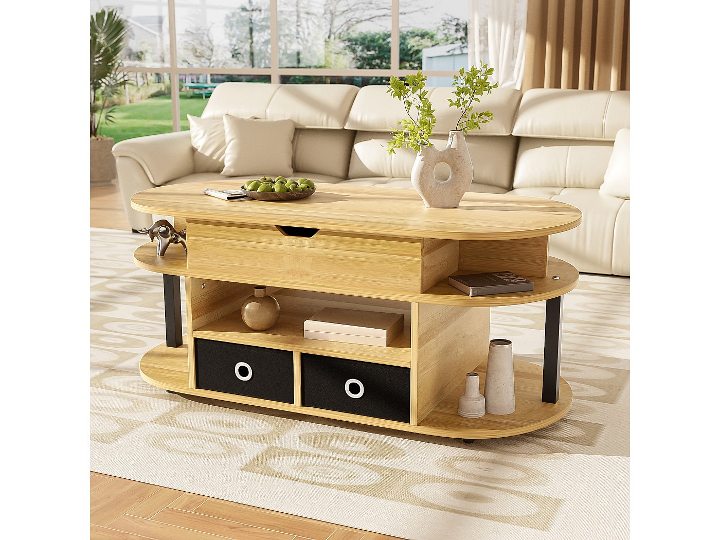 Table Basse Ovale En MDF Et Bois Massif - Design Moderne, Pieds Stables - Plateau Résistant Aux Rayures - 70x40x50cm - Pour Salon, Petit Espace