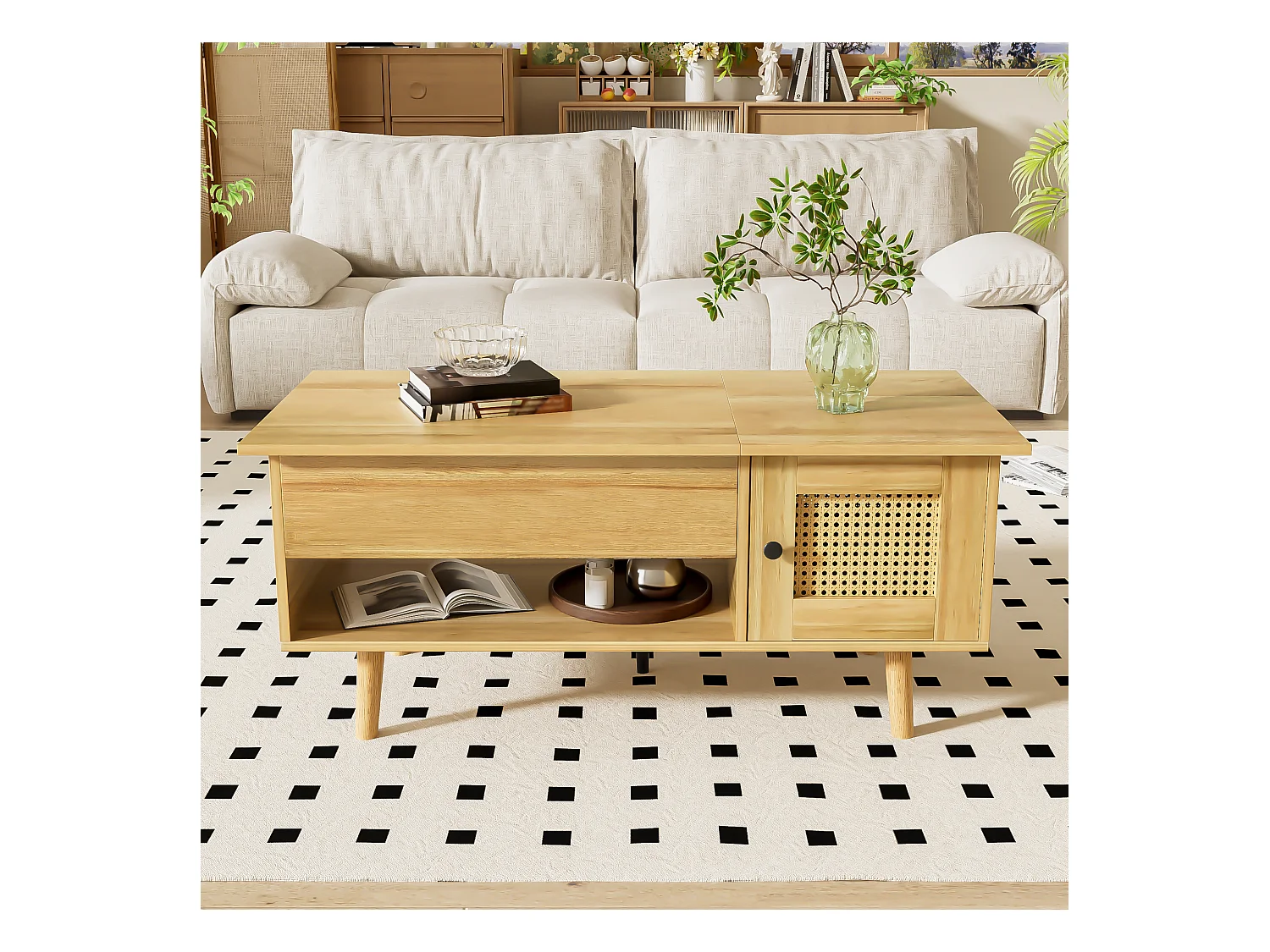 Table basse élégante avec plateau relevable et portes en rotin, couleur bois + noir, espace de rangement pratique et design fonctionnel