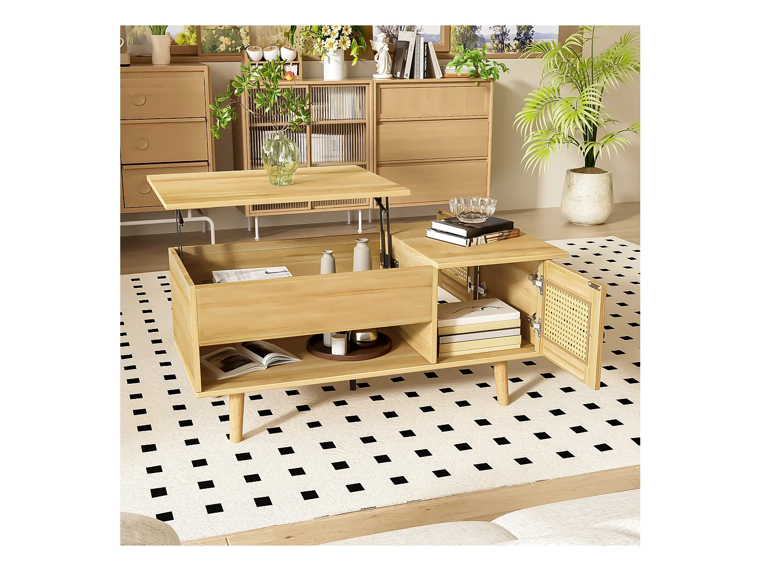 Table basse élégante avec plateau relevable et portes en rotin, couleur bois + noir, espace de rangement pratique et design fonctionnel