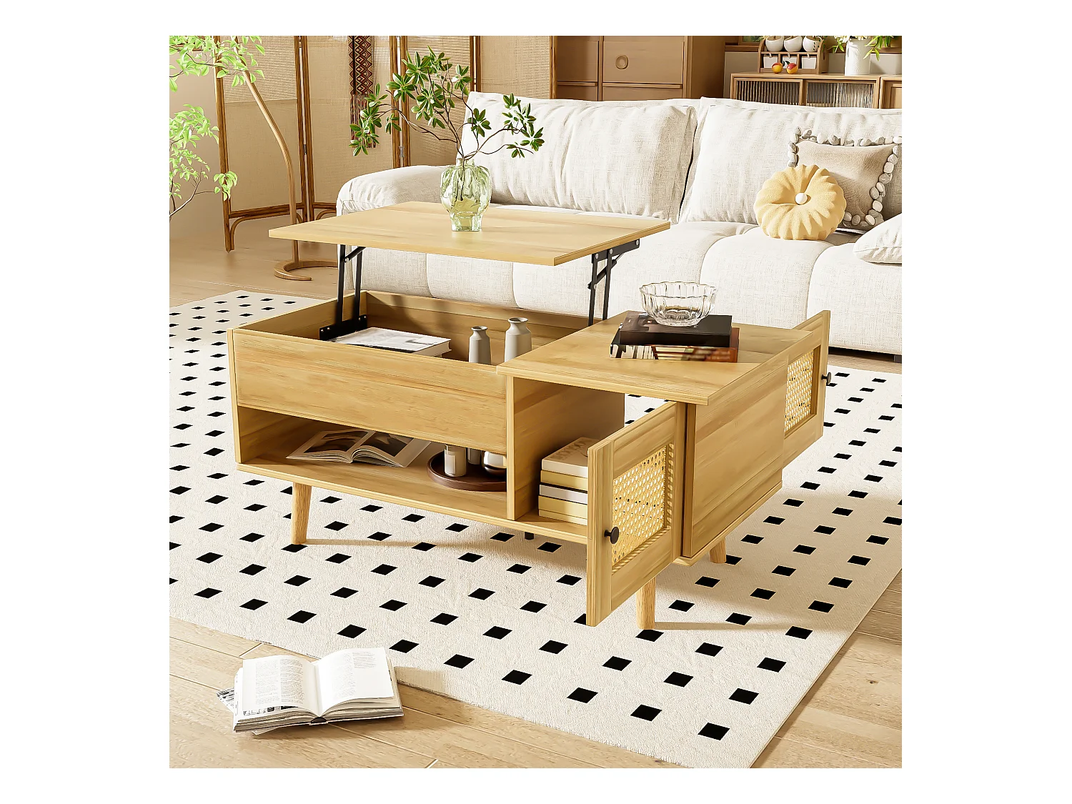 Table basse élégante avec plateau relevable et portes en rotin, couleur bois + noir, espace de rangement pratique et design fonctionnel