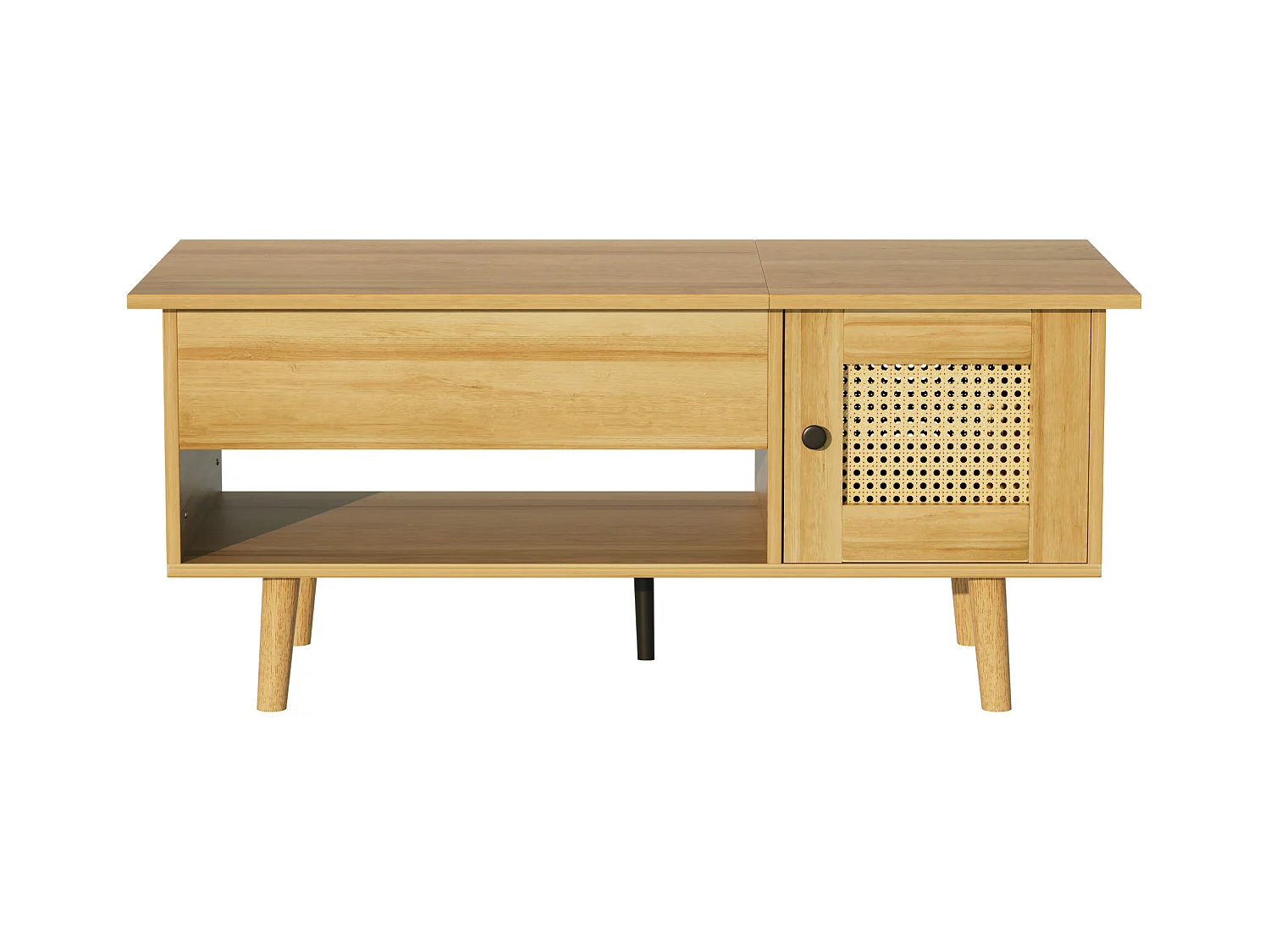 Table basse élégante avec plateau relevable et portes en rotin, couleur bois + noir, espace de rangement pratique et design fonctionnel