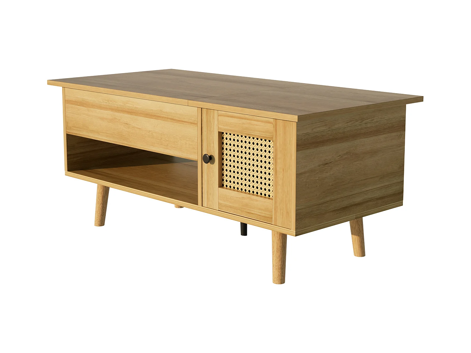 Table basse élégante avec plateau relevable et portes en rotin, couleur bois + noir, espace de rangement pratique et design fonctionnel