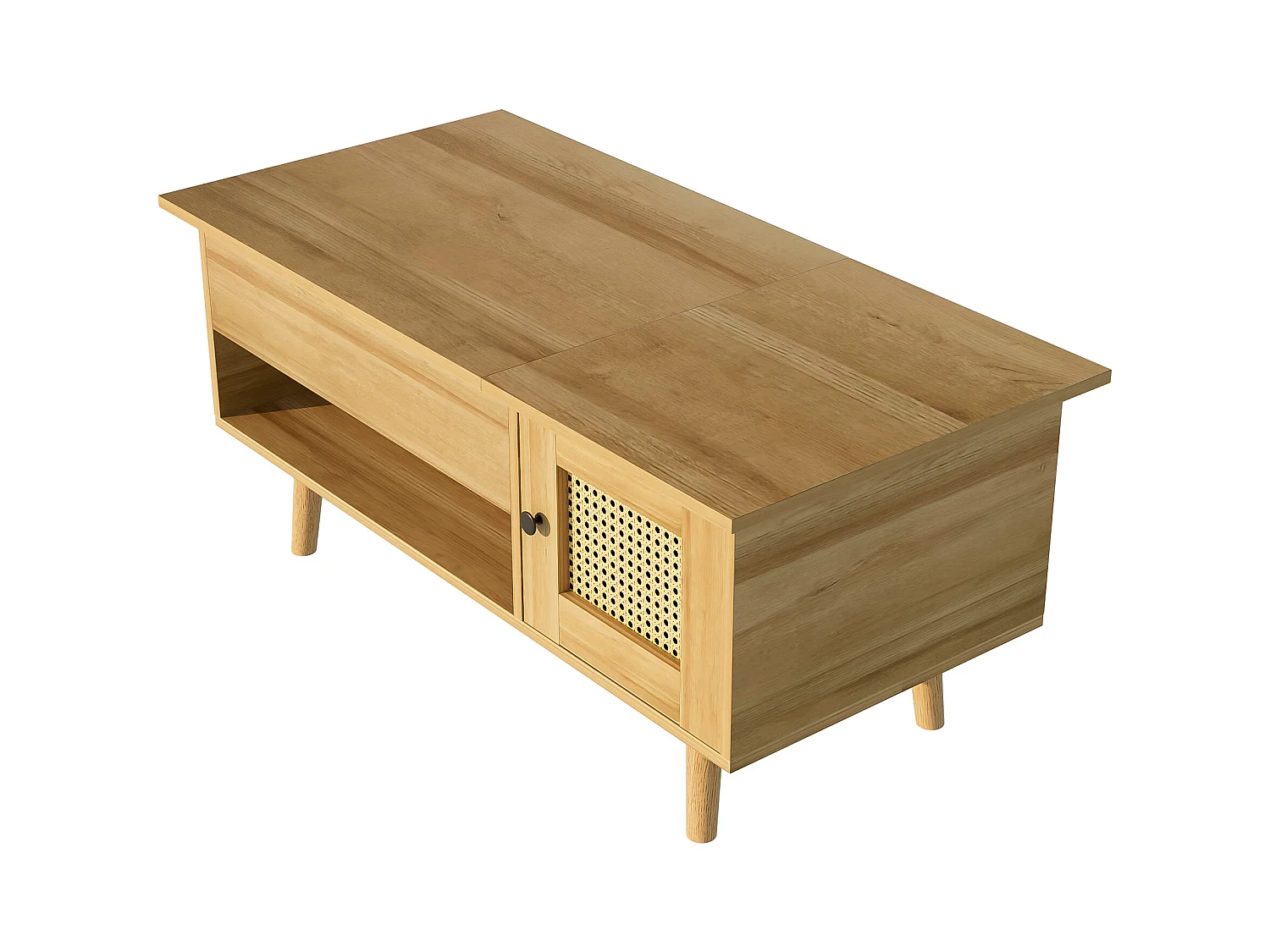 Table basse élégante avec plateau relevable et portes en rotin, couleur bois + noir, espace de rangement pratique et design fonctionnel
