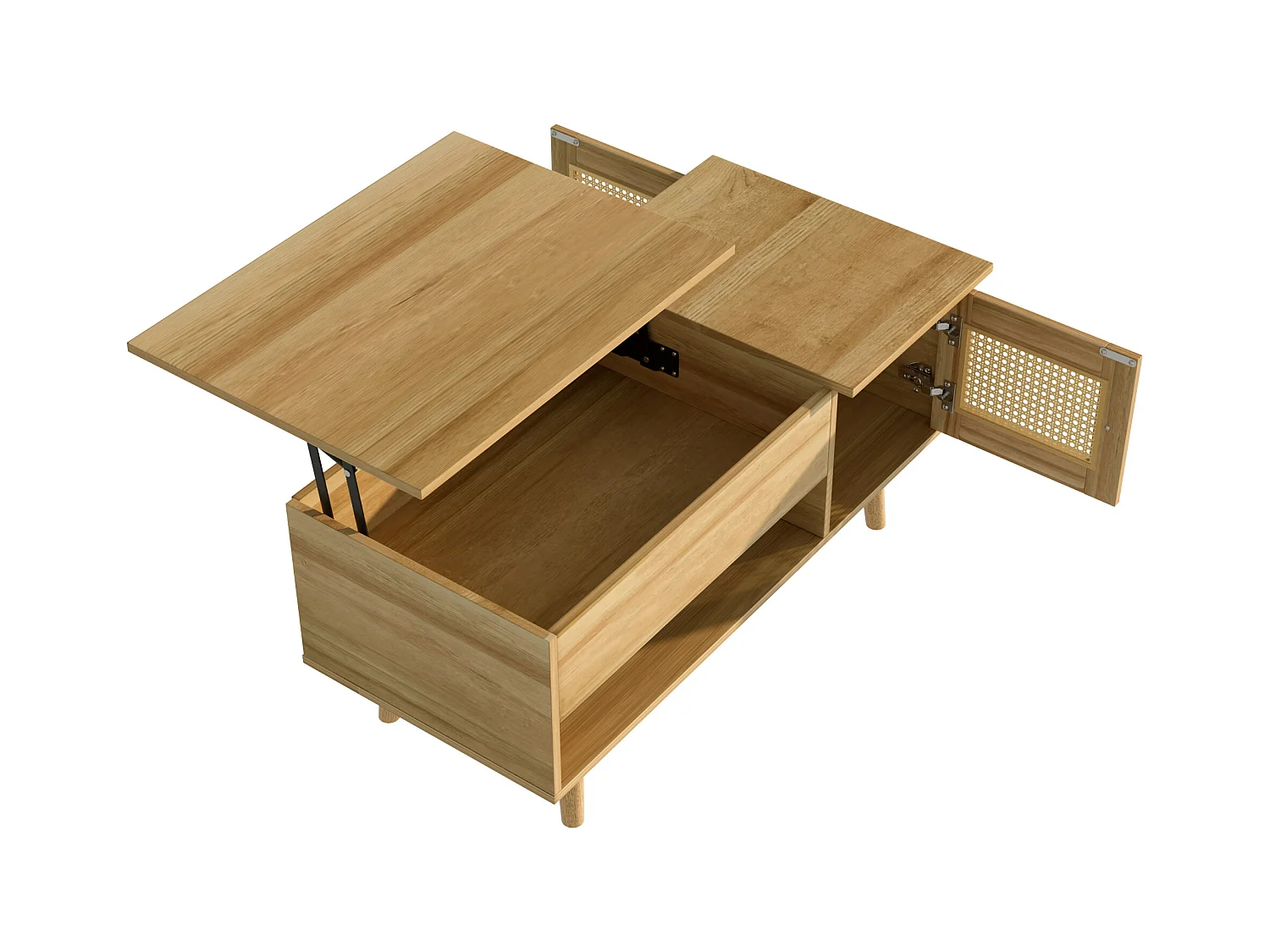 Table basse élégante avec plateau relevable et portes en rotin, couleur bois + noir, espace de rangement pratique et design fonctionnel