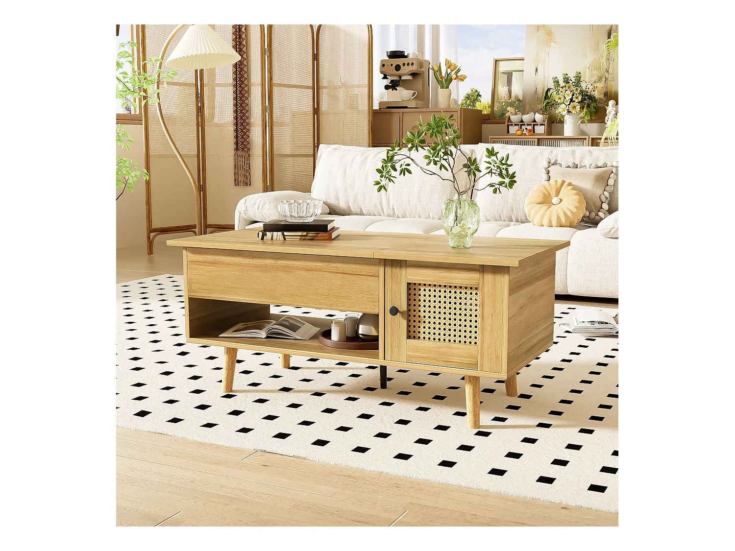 Table basse élégante avec plateau relevable et portes en rotin, couleur bois + noir, espace de rangement pratique et design fonctionnel