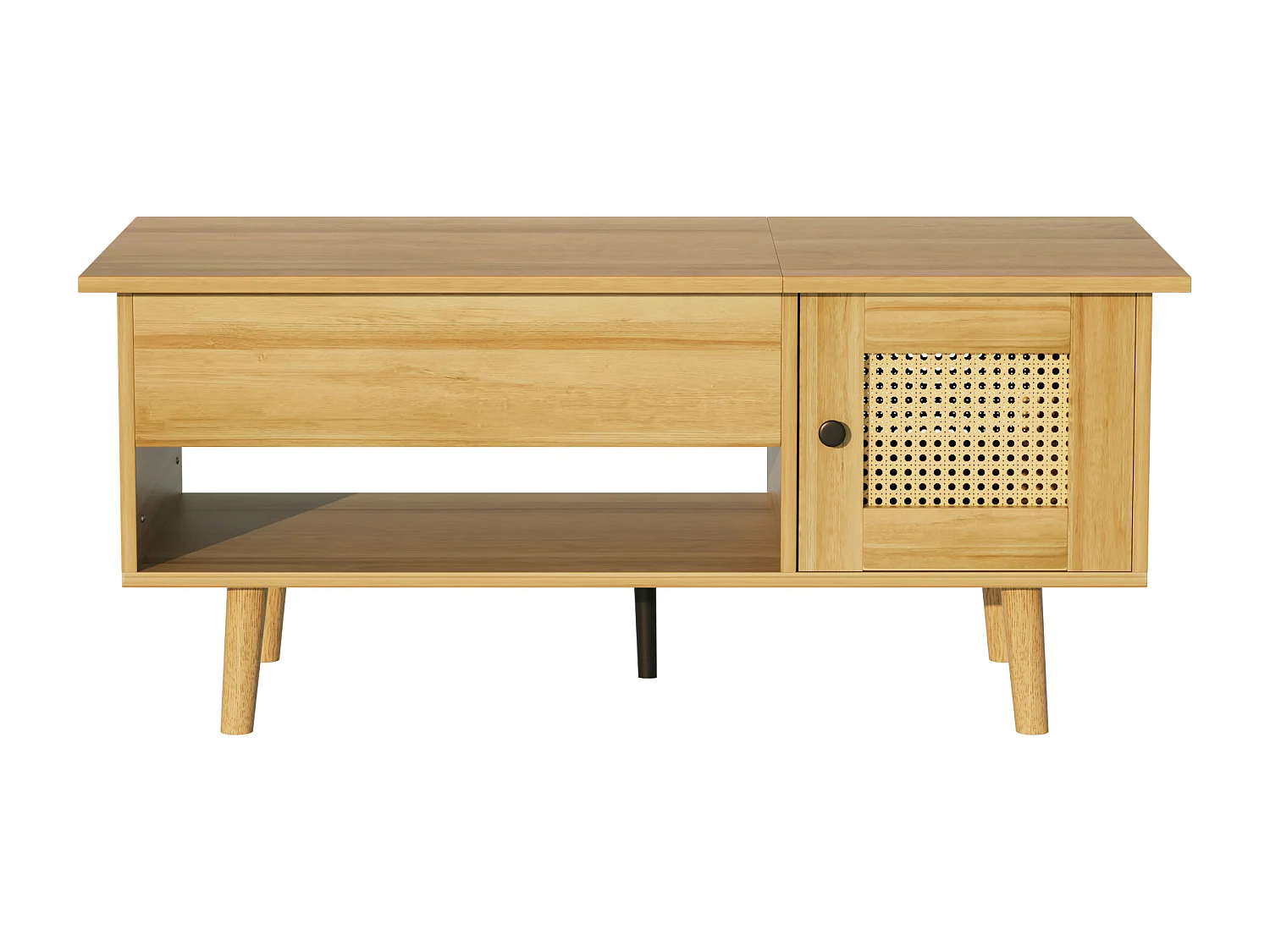 Elegante salontafel met opklapbaar tafelblad en rotandeuren, houtkleur + zwart, praktische opbergruimte en functioneel design