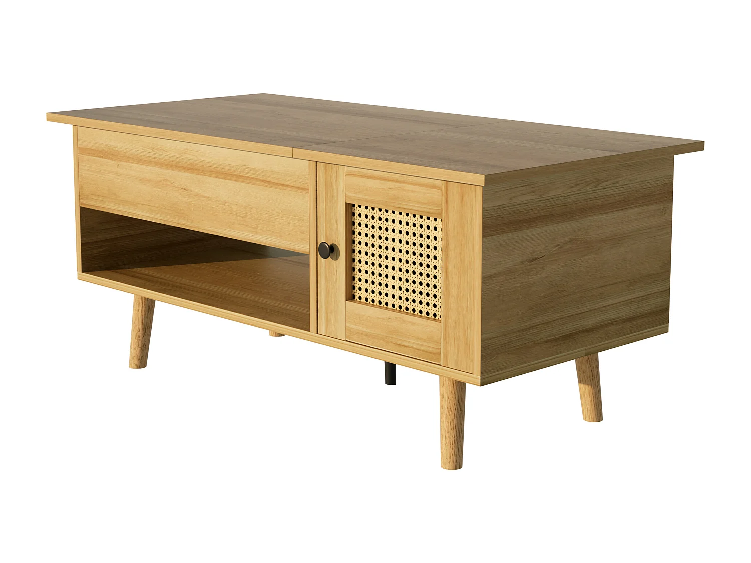 Elegante salontafel met opklapbaar tafelblad en rotandeuren, houtkleur + zwart, praktische opbergruimte en functioneel design