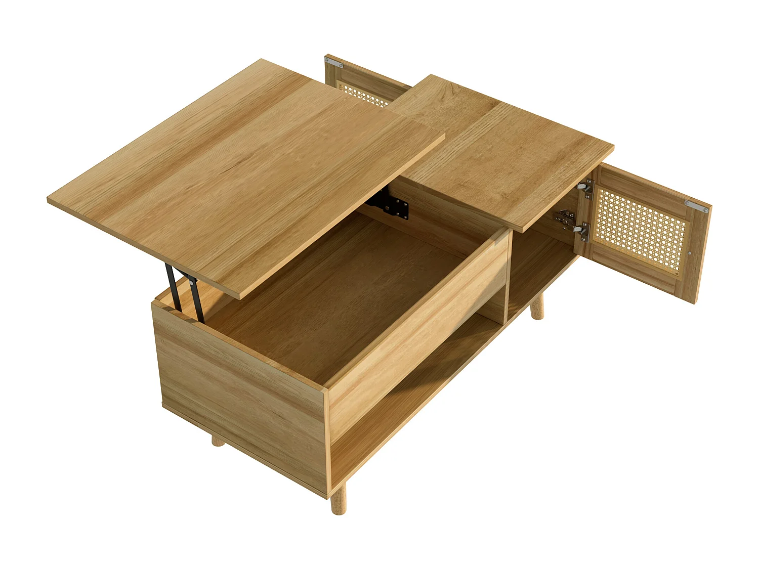 Elegante salontafel met opklapbaar tafelblad en rotandeuren, houtkleur + zwart, praktische opbergruimte en functioneel design