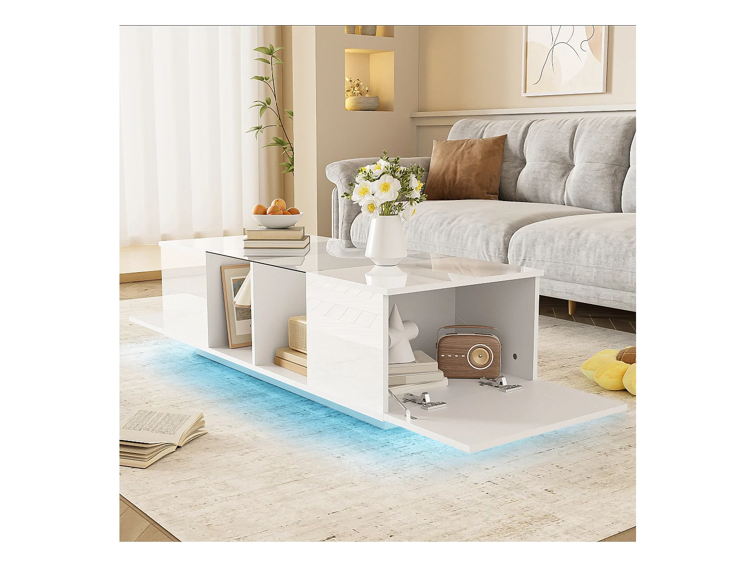 Table basse blanche moderne avec éclairage LED, plateau brillant, 120 x 50 x 38,5 cm