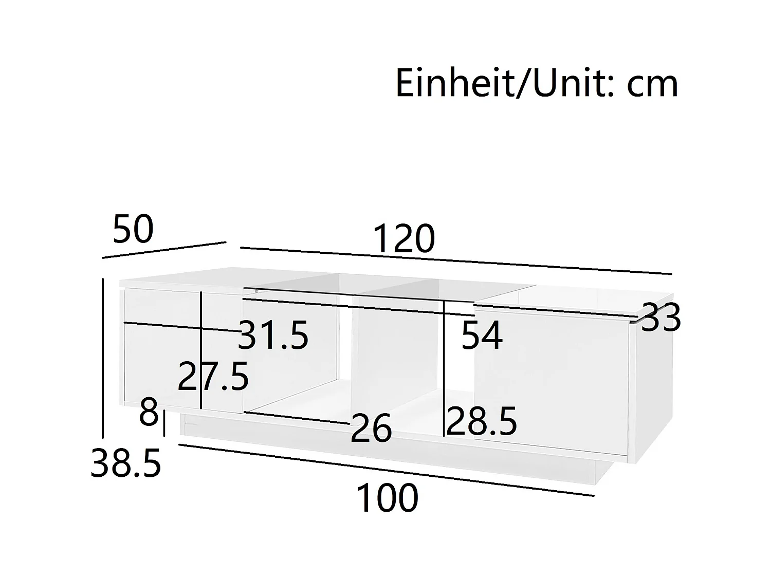 Table basse blanche moderne avec éclairage LED, plateau brillant, 120 x 50 x 38,5 cm