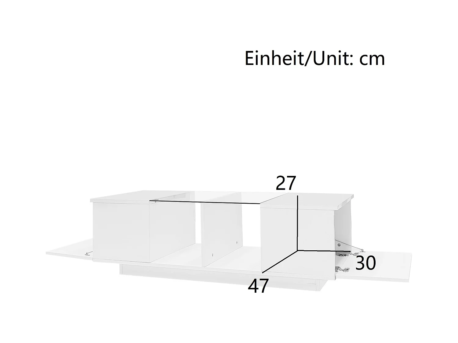 Table basse blanche moderne avec éclairage LED, plateau brillant, 120 x 50 x 38,5 cm