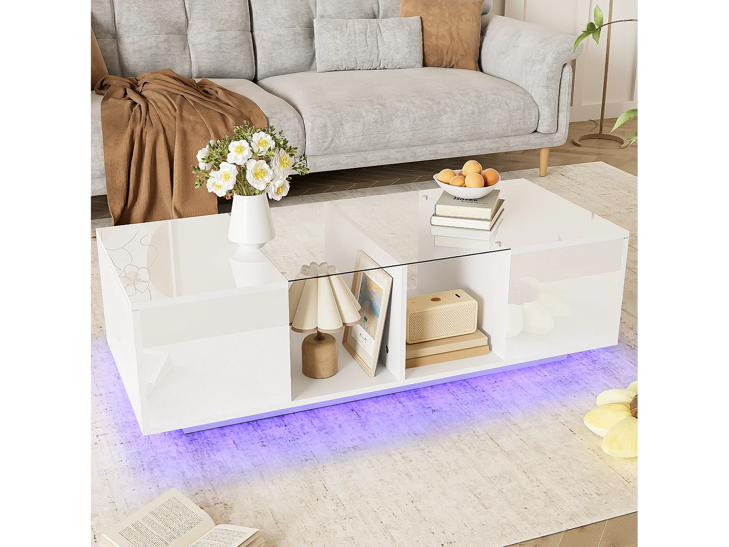 Table basse blanche moderne avec éclairage LED, plateau brillant, 120 x 50 x 38,5 cm