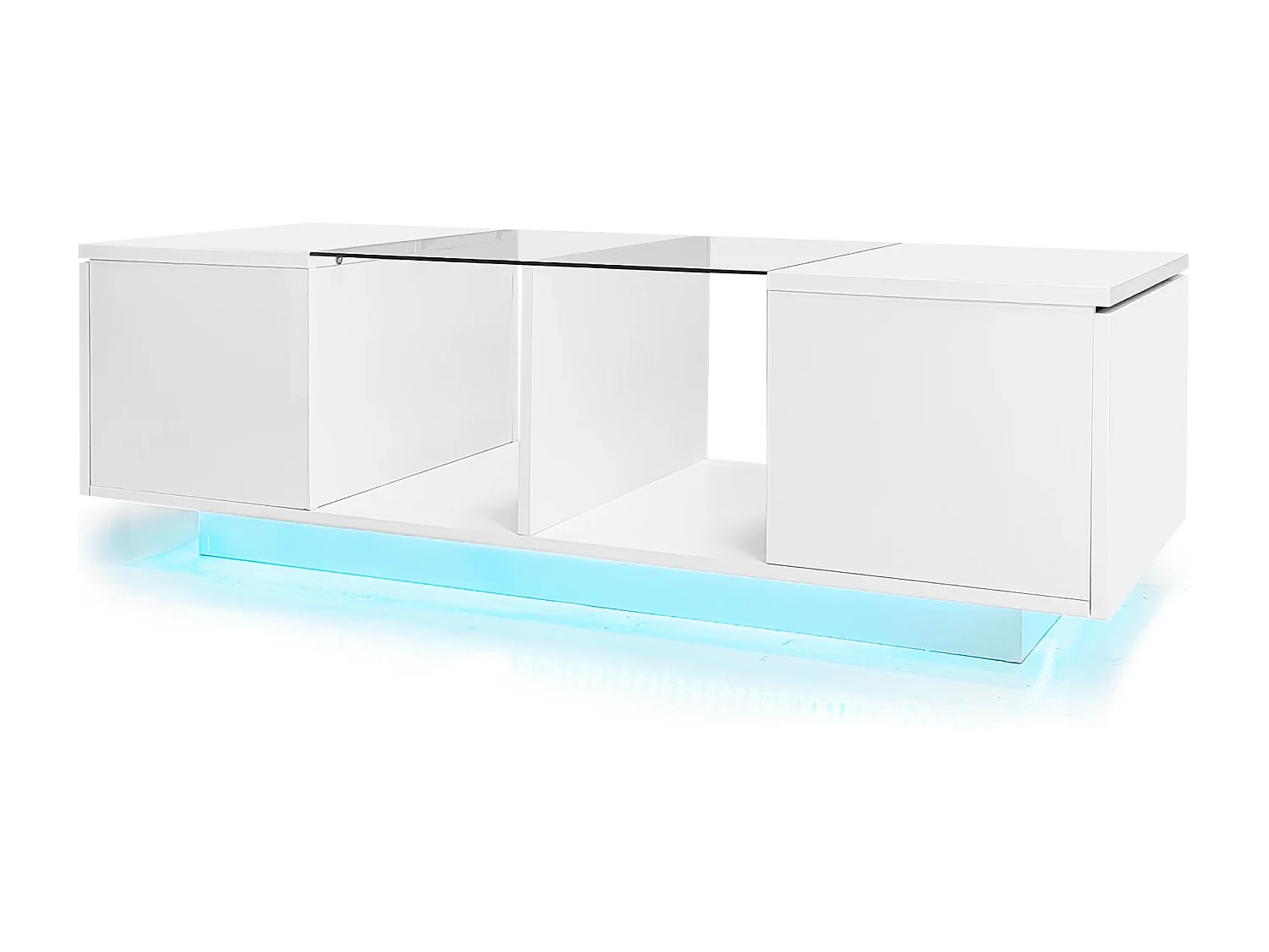 Table basse blanche moderne avec éclairage LED, plateau brillant, 120 x 50 x 38,5 cm