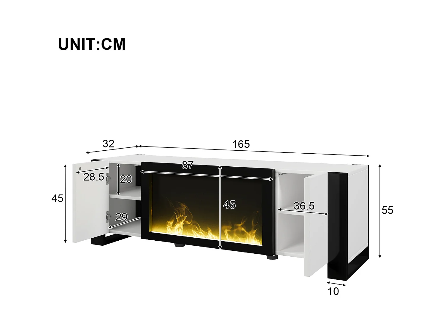Meuble TV, lowboard avec cheminée électrique effet flamme, sans fonction de chauffage, haute brillance, meuble TV de couleur assortie