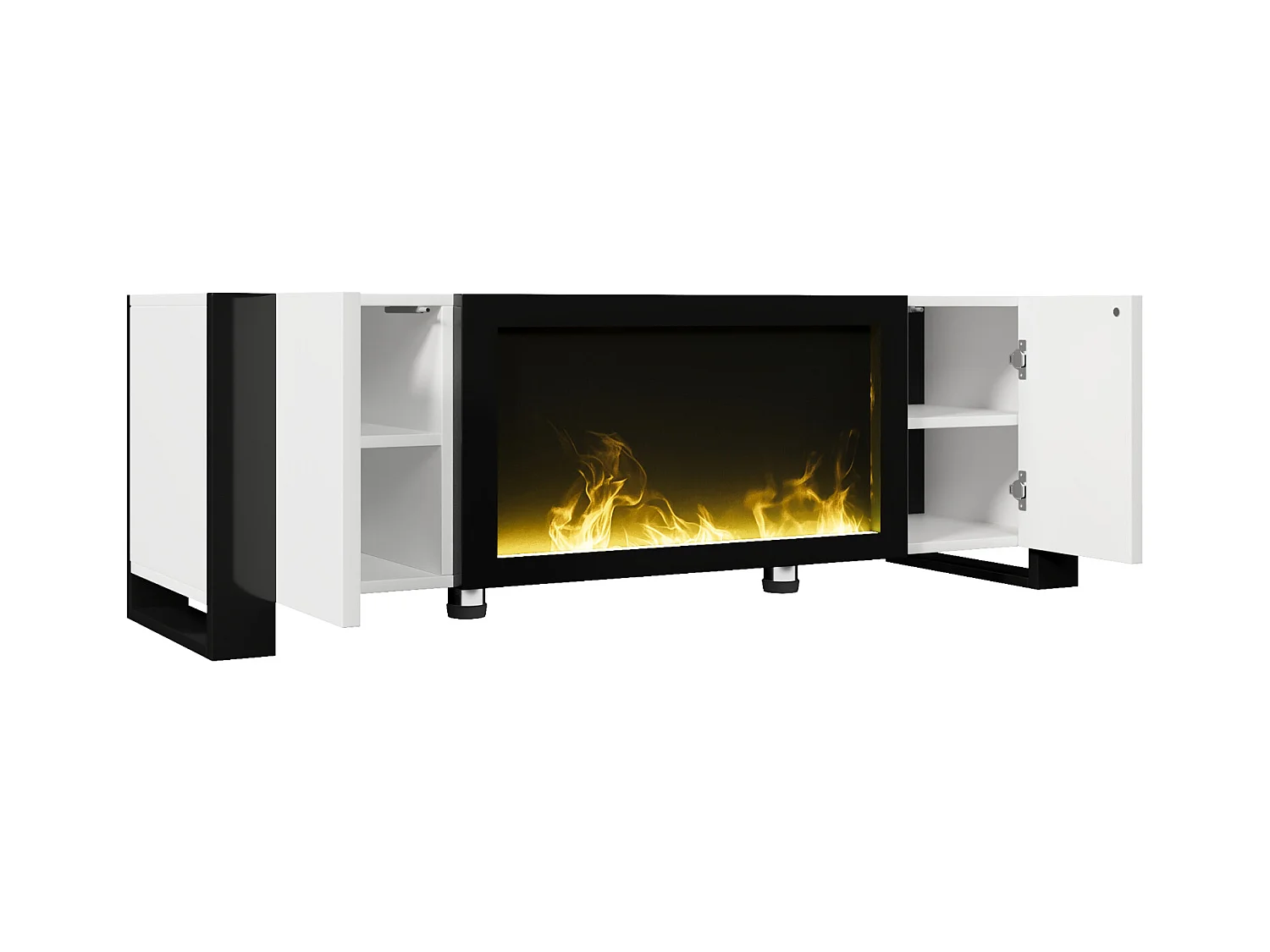 Meuble TV, lowboard avec cheminée électrique effet flamme, sans fonction de chauffage, haute brillance, meuble TV de couleur assortie