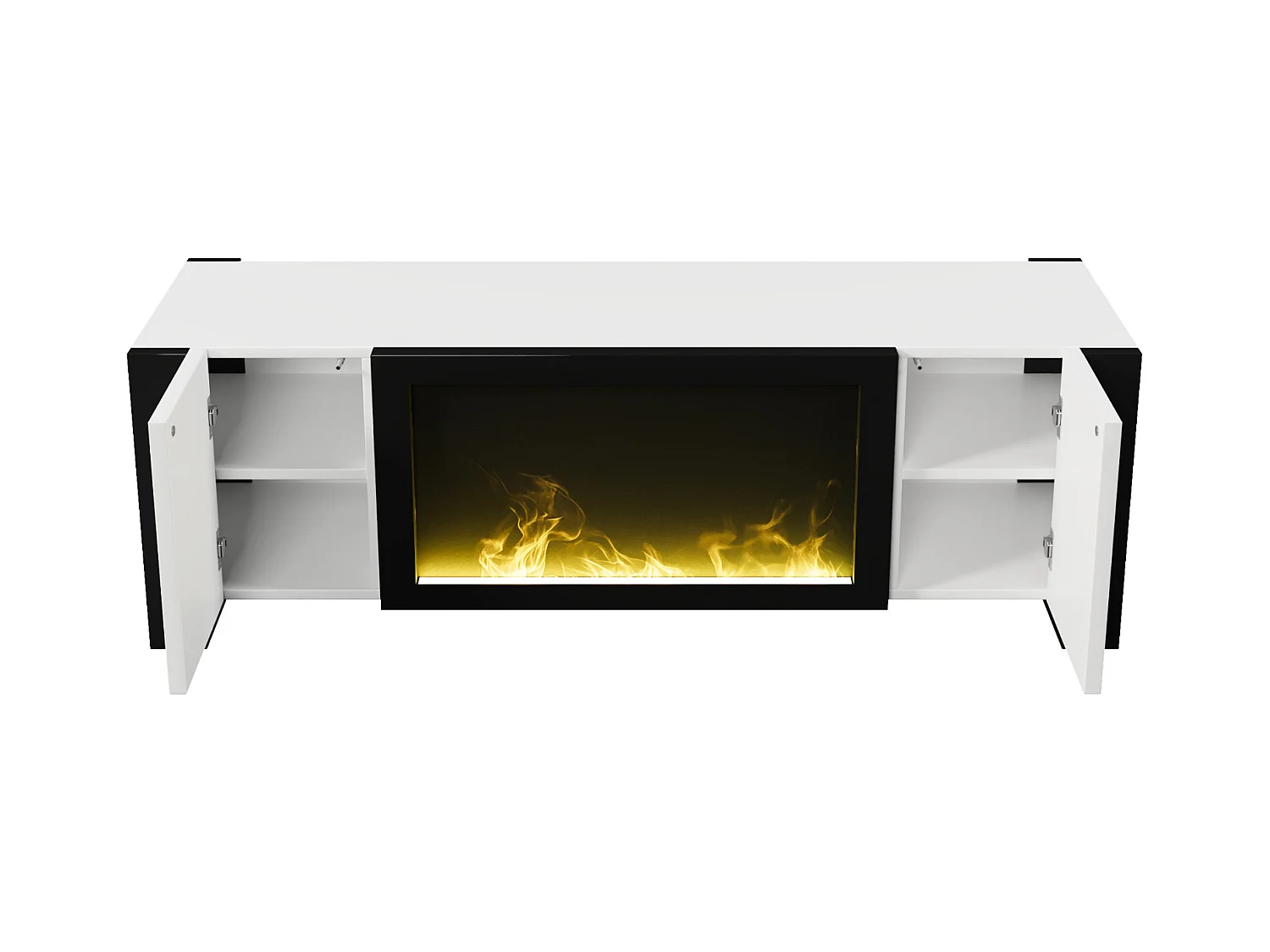 Meuble TV, lowboard avec cheminée électrique effet flamme, sans fonction de chauffage, haute brillance, meuble TV de couleur assortie