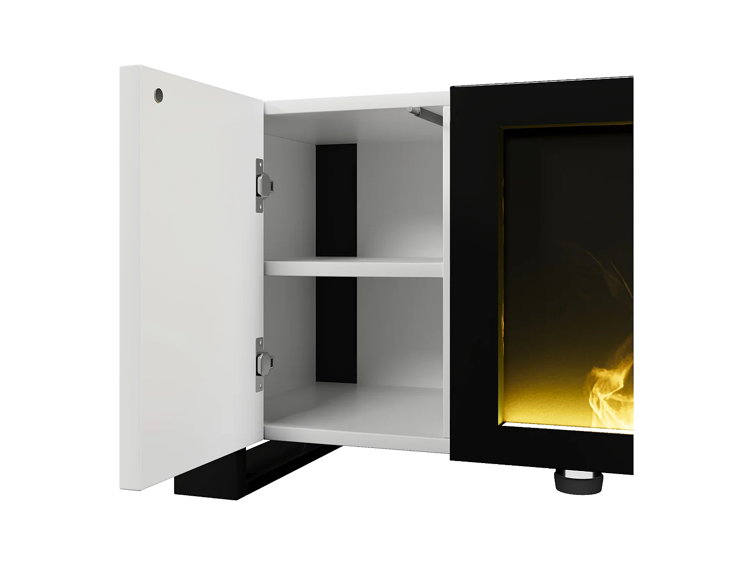 Meuble TV, lowboard avec cheminée électrique effet flamme, sans fonction de chauffage, haute brillance, meuble TV de couleur assortie