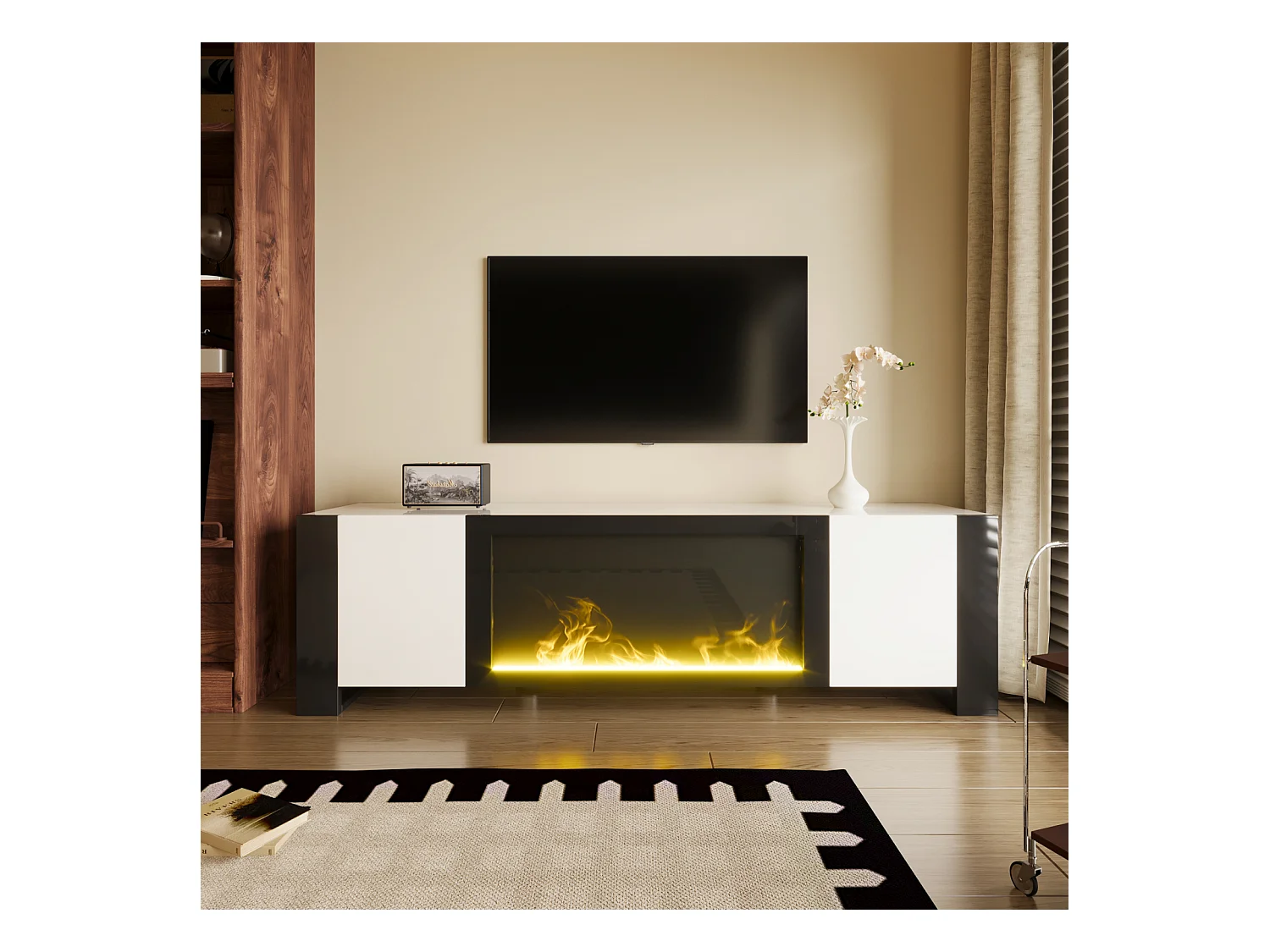 TV-meubel, lowboard met elektrische haard vlameffect, geen verwarmingsfunctie, hoogglans, kleur bijpassende TV-meubel