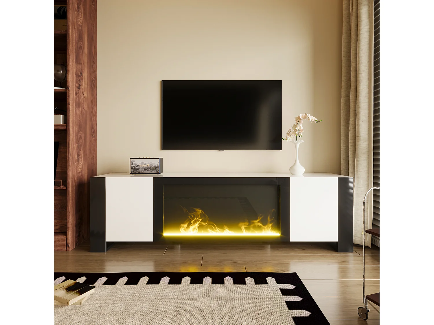 Meuble TV, lowboard avec cheminée électrique effet flamme, sans fonction de chauffage, haute brillance, meuble TV de couleur assortie