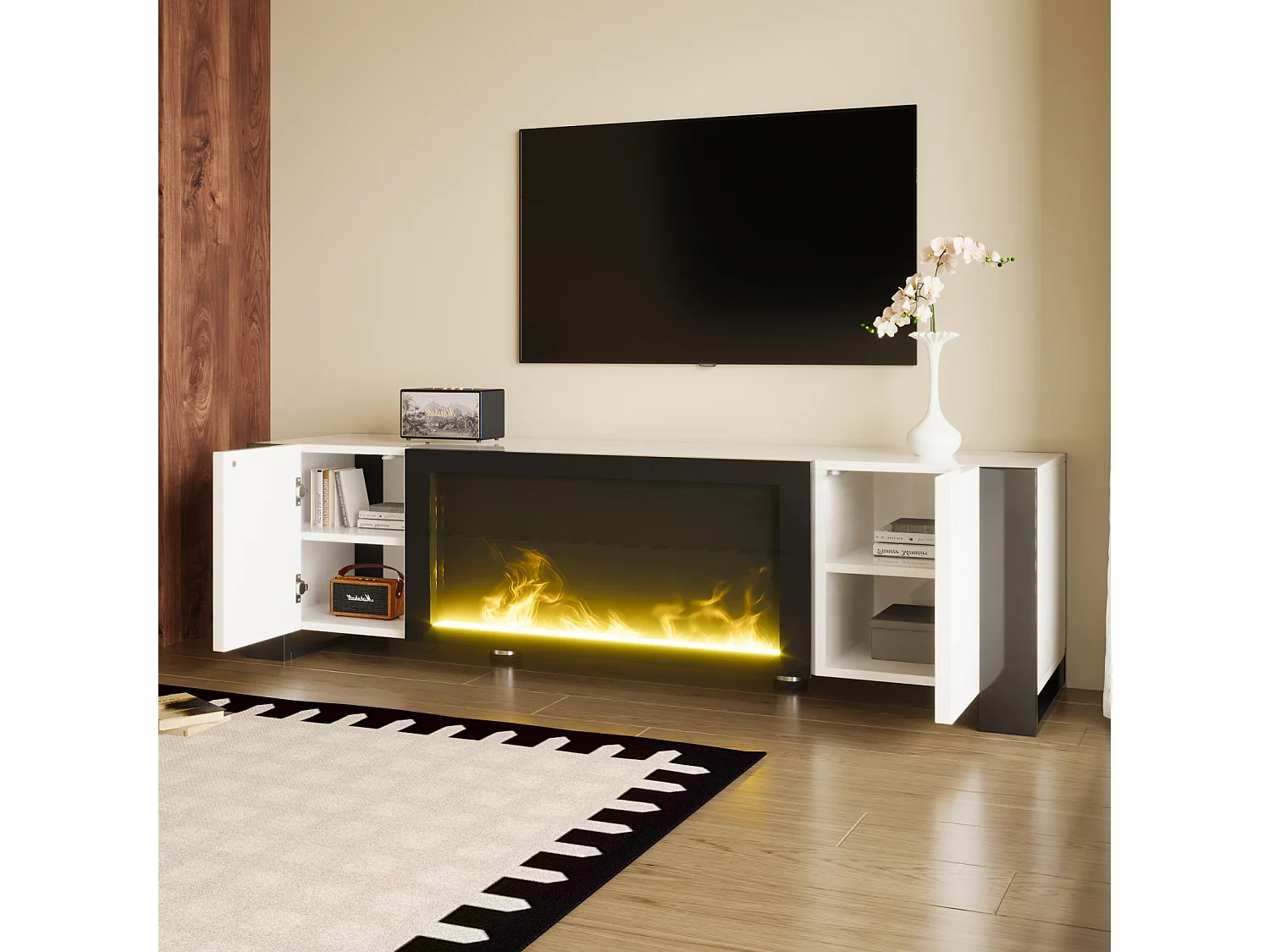 Meuble TV, lowboard avec cheminée électrique effet flamme, sans fonction de chauffage, haute brillance, meuble TV de couleur assortie