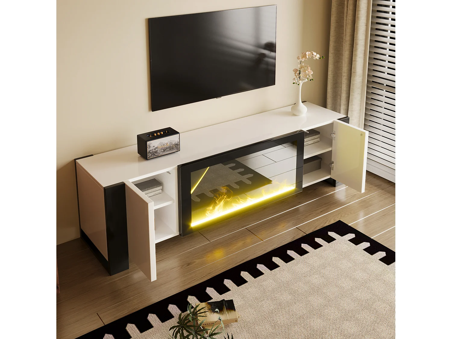 Meuble TV, lowboard avec cheminée électrique effet flamme, sans fonction de chauffage, haute brillance, meuble TV de couleur assortie