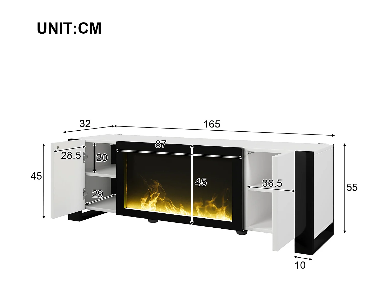 Meuble TV, lowboard avec cheminée électrique effet flamme, sans fonction de chauffage, haute brillance, meuble TV de couleur assortie