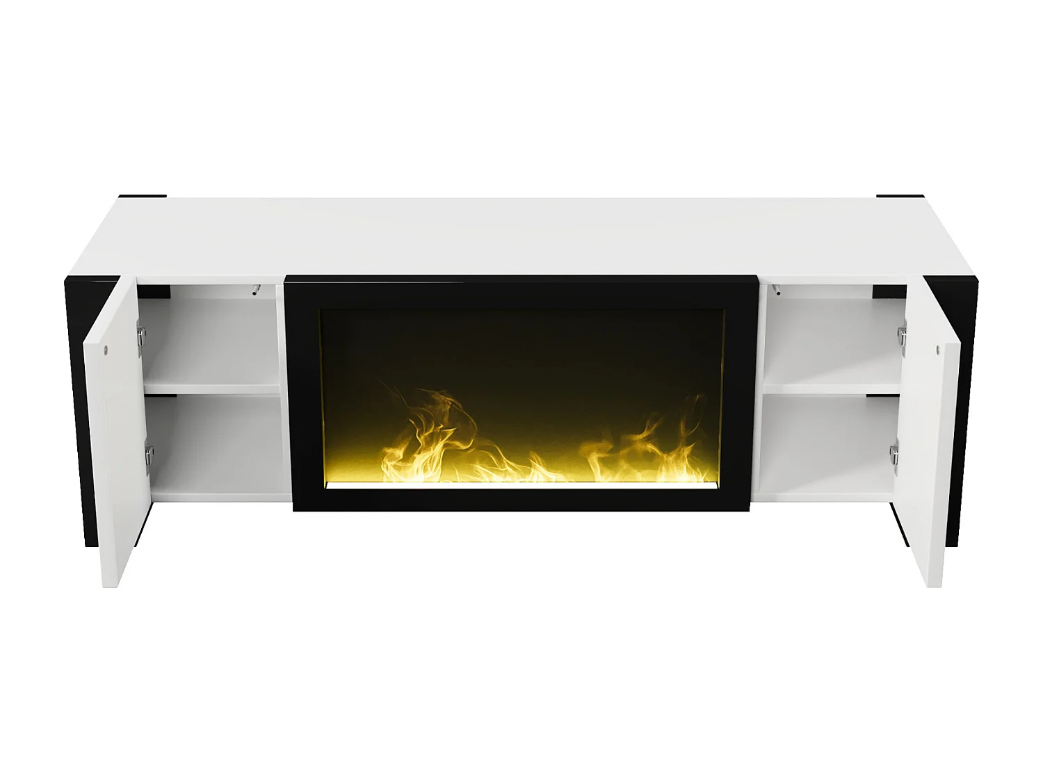Meuble TV, lowboard avec cheminée électrique effet flamme, sans fonction de chauffage, haute brillance, meuble TV de couleur assortie