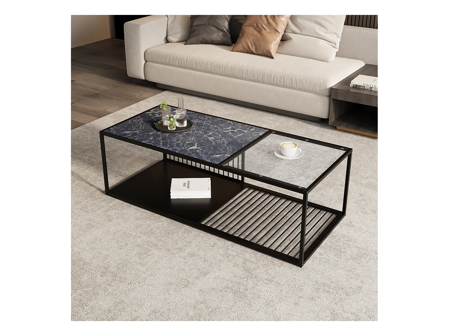 Table basse, table basse en fer forgé avec verre, grand espace de rangement