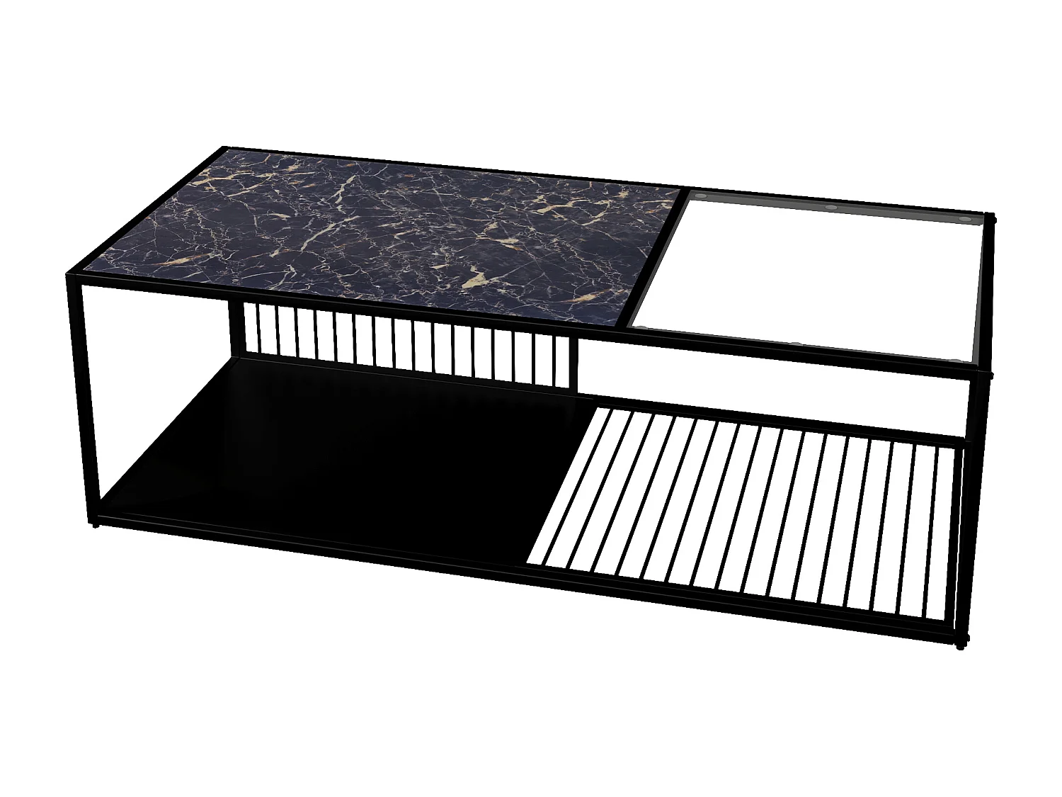 Table basse, table basse en fer forgé avec verre, grand espace de rangement
