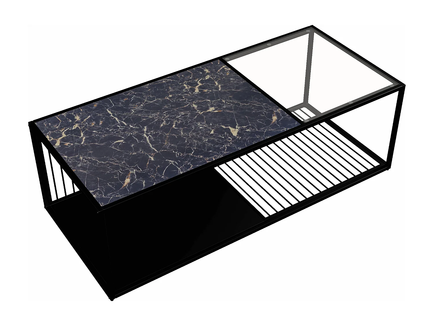 Table basse, table basse en fer forgé avec verre, grand espace de rangement