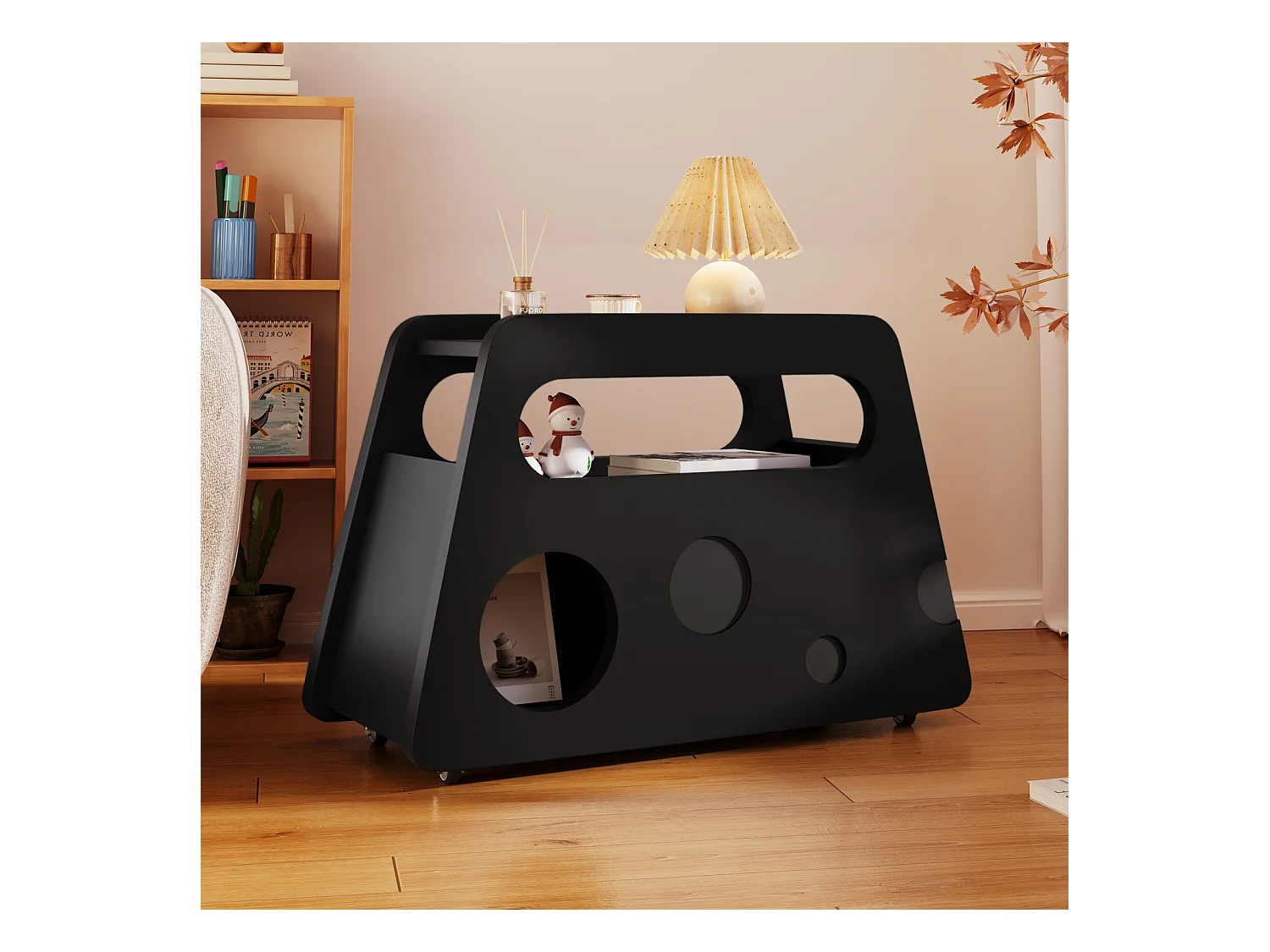 Buffet, table d'appoint noire moderne avec roulettes, design arrondi et sûr (81x33x51,5 cm)