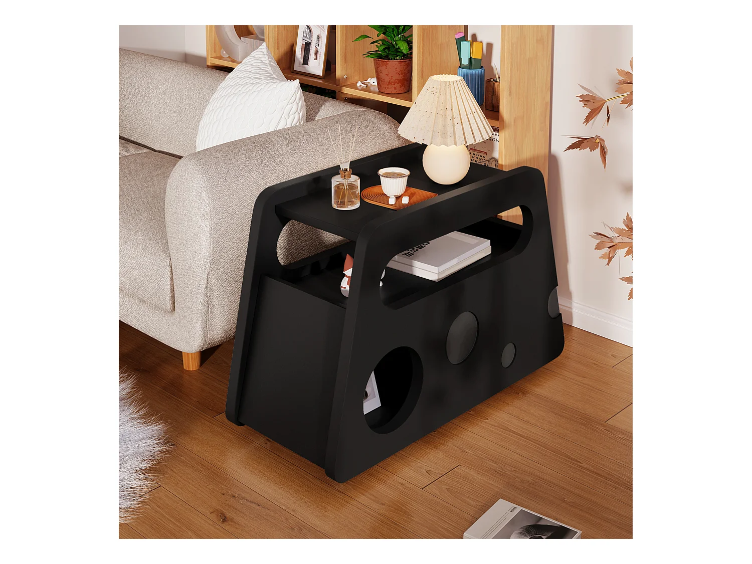 Buffet, table d'appoint noire moderne avec roulettes, design arrondi et sûr (81x33x51,5 cm)