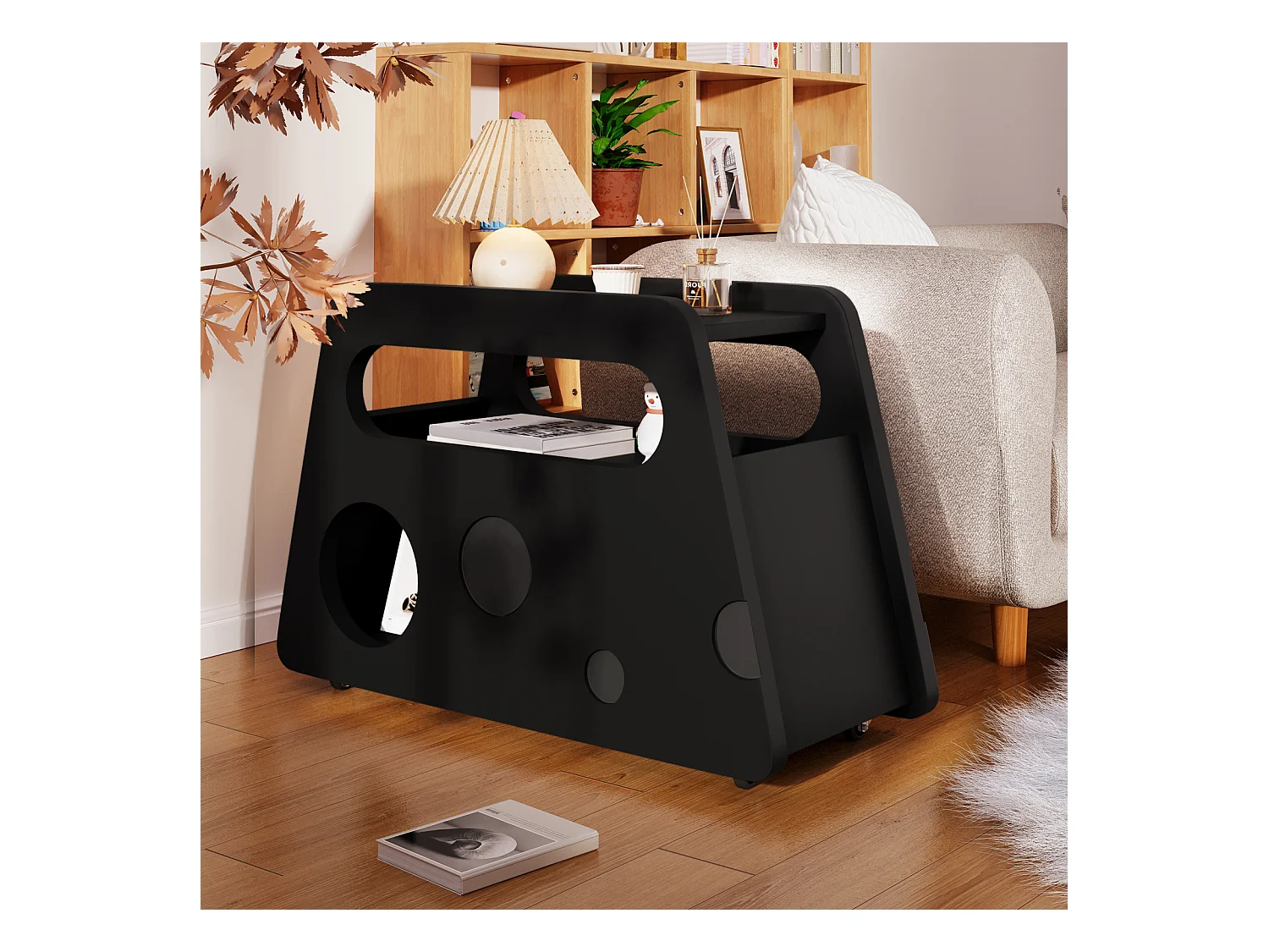 Buffet, table d'appoint noire moderne avec roulettes, design arrondi et sûr (81x33x51,5 cm)