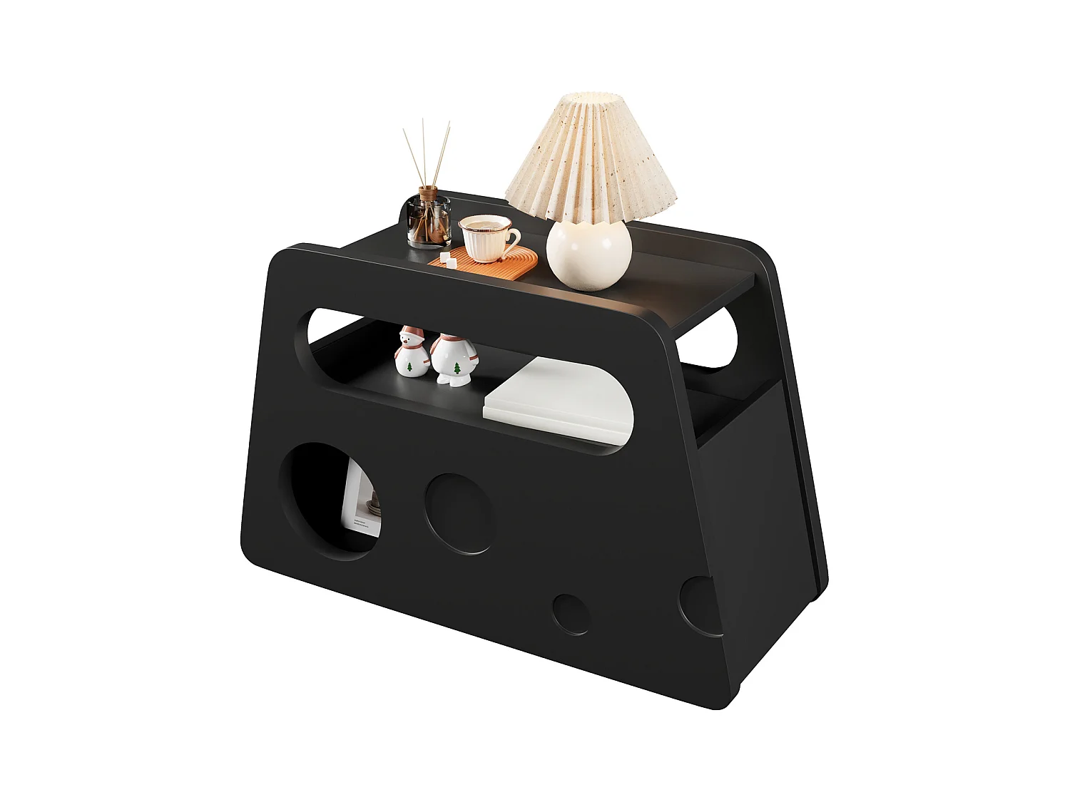 Buffet, table d'appoint noire moderne avec roulettes, design arrondi et sûr (81x33x51,5 cm)