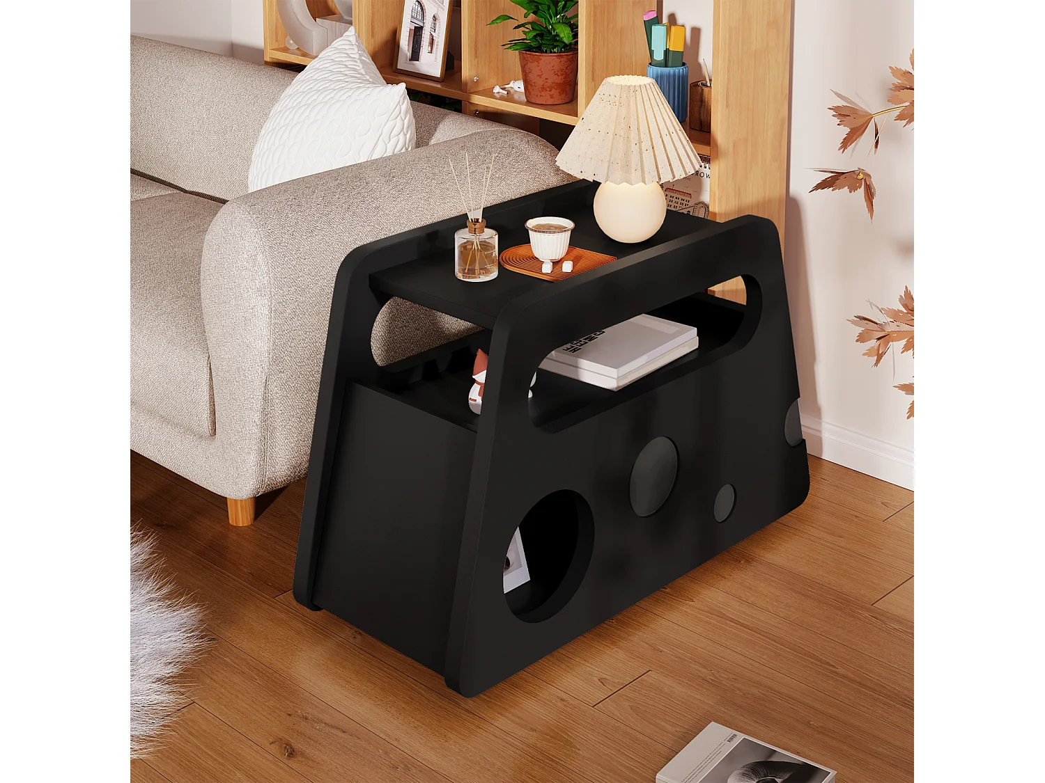 Sideboard, moderne zwarte bijzettafel met wielen, veilig afgerond design (81x33x51,5 cm)