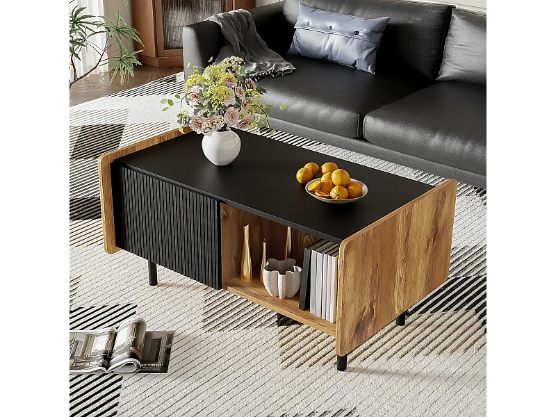 90 cm Schwarze und Holzfarbene Couchtisch – 2 Offene Fächer und 2 Türen