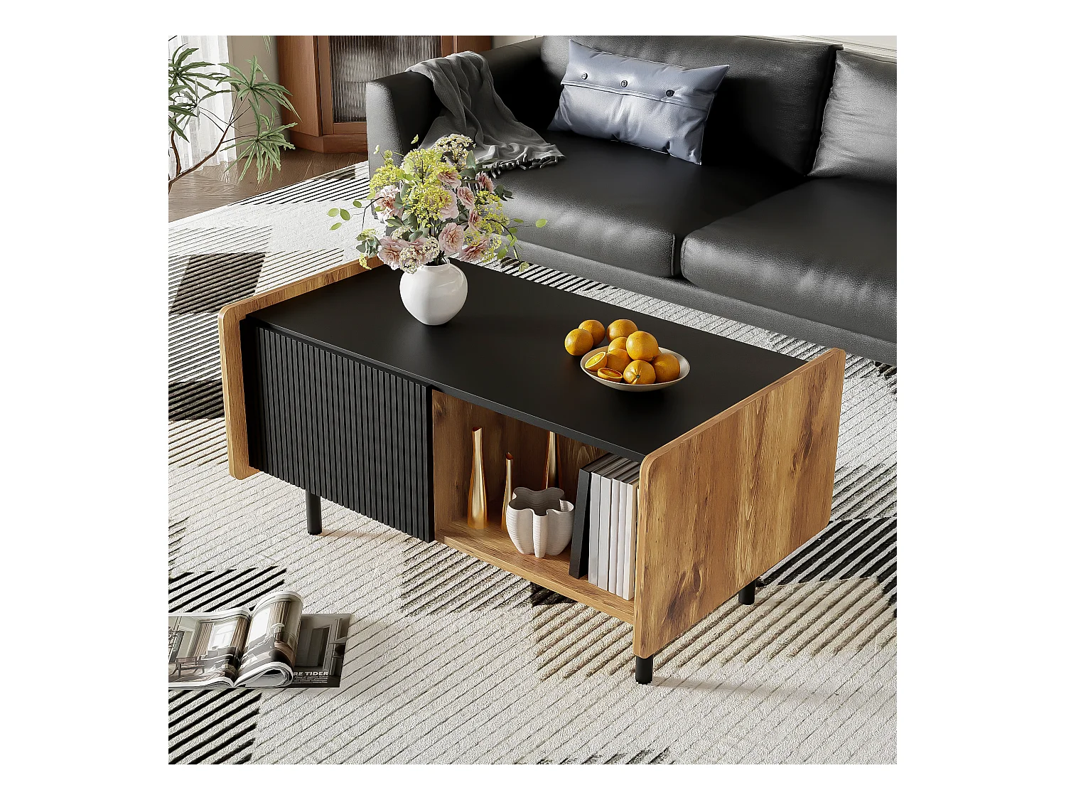 90 cm Schwarze und Holzfarbene Couchtisch – 2 Offene Fächer und 2 Türen