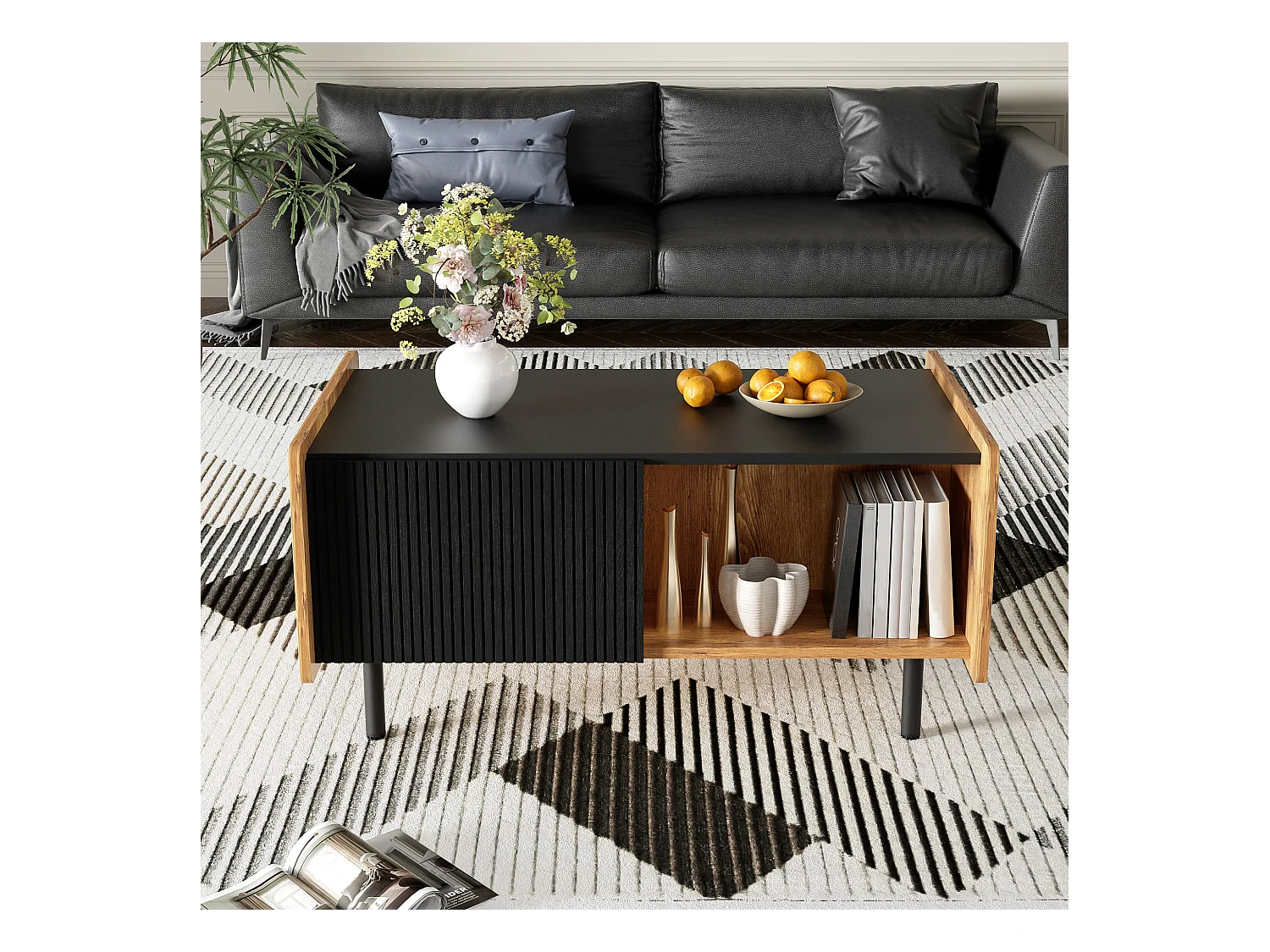 90 cm Schwarze und Holzfarbene Couchtisch – 2 Offene Fächer und 2 Türen