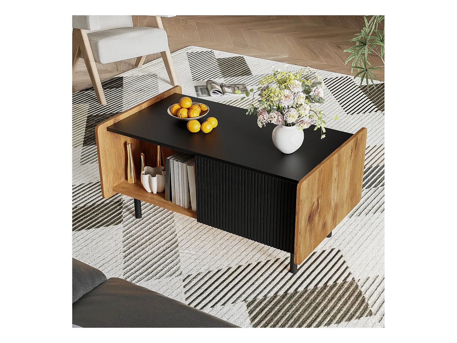 90 cm Schwarze und Holzfarbene Couchtisch – 2 Offene Fächer und 2 Türen