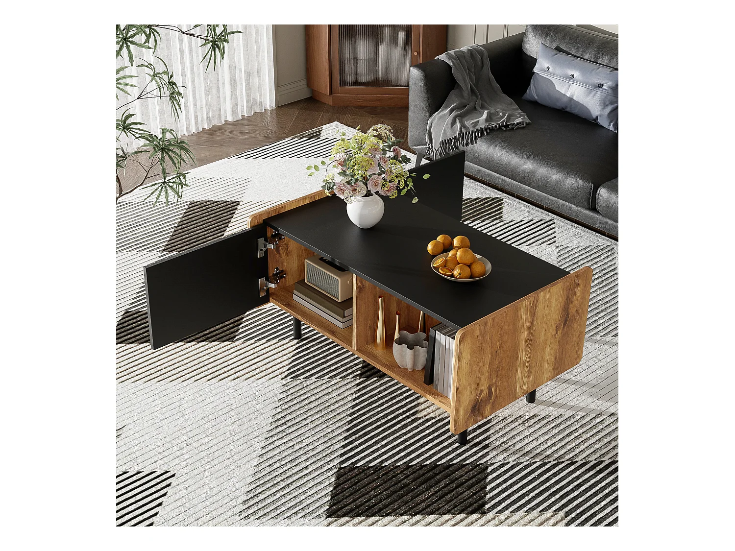 90 cm Schwarze und Holzfarbene Couchtisch – 2 Offene Fächer und 2 Türen