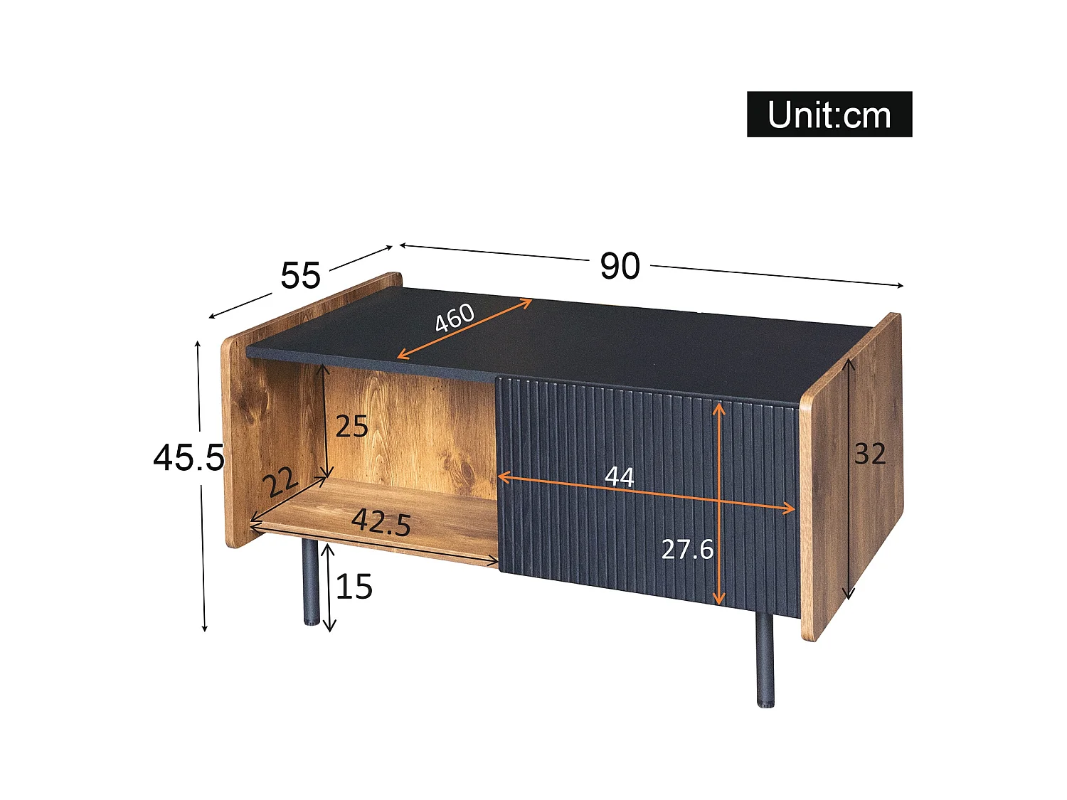 90 cm Schwarze und Holzfarbene Couchtisch – 2 Offene Fächer und 2 Türen