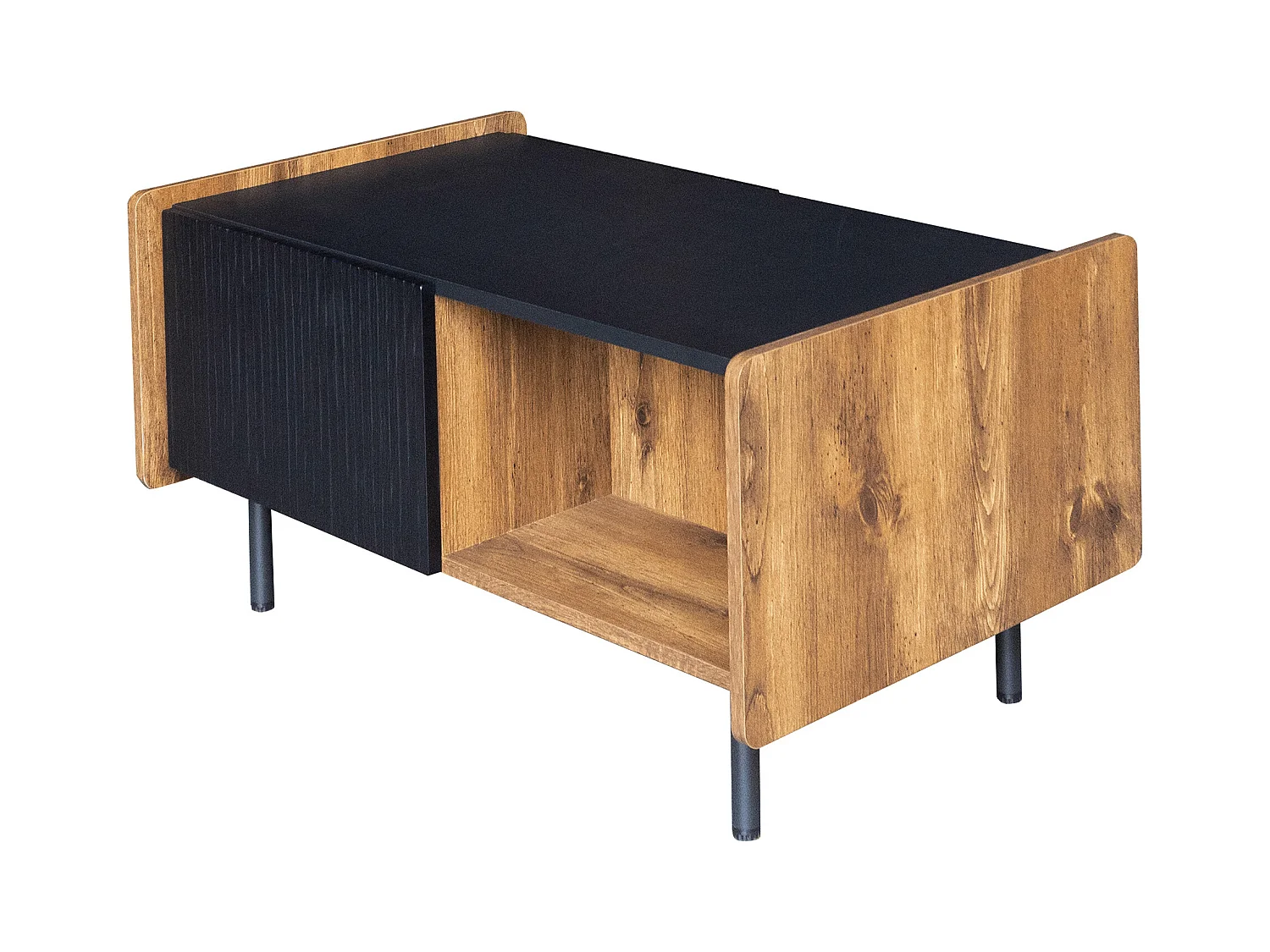 90 cm Schwarze und Holzfarbene Couchtisch – 2 Offene Fächer und 2 Türen